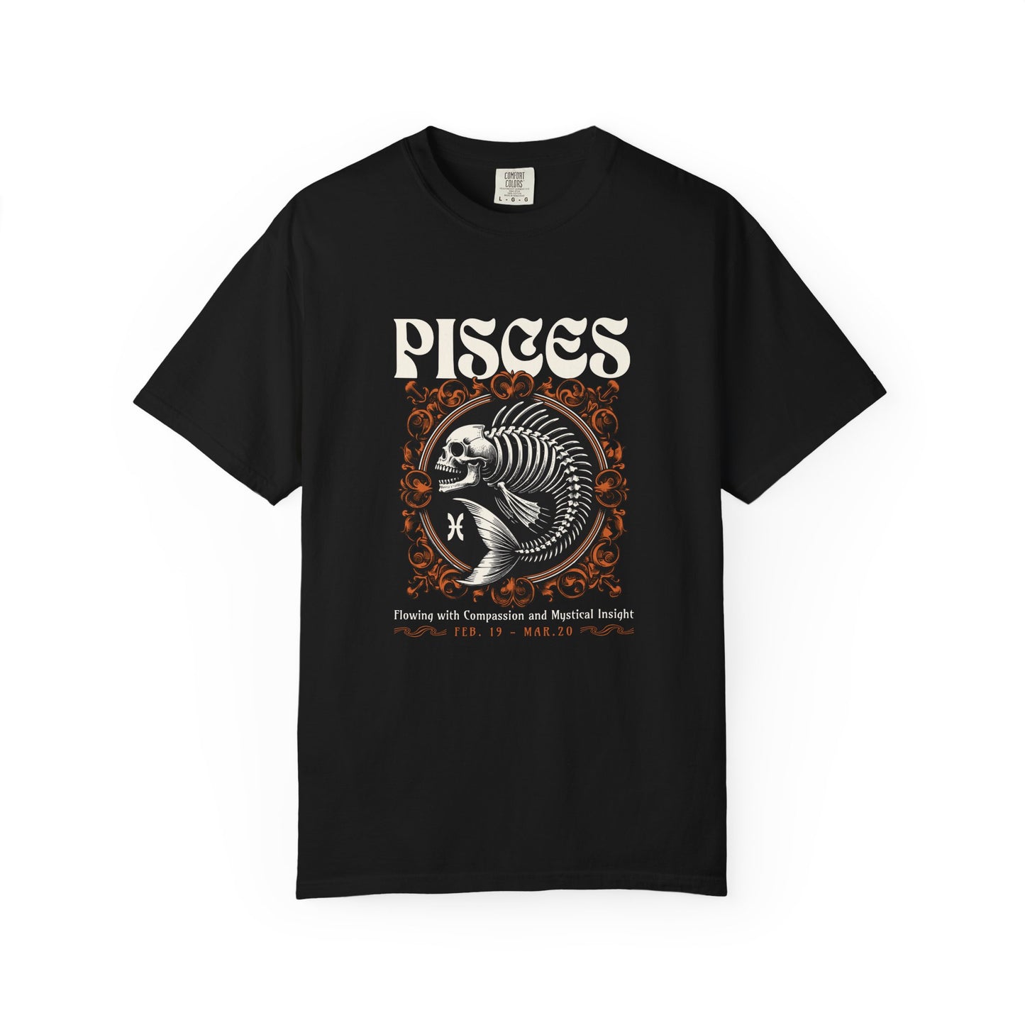 A black short-sleeve crewneck t-shirt featuring a Pisces zodiac graphic on the chest, displayed against a solid white background.
