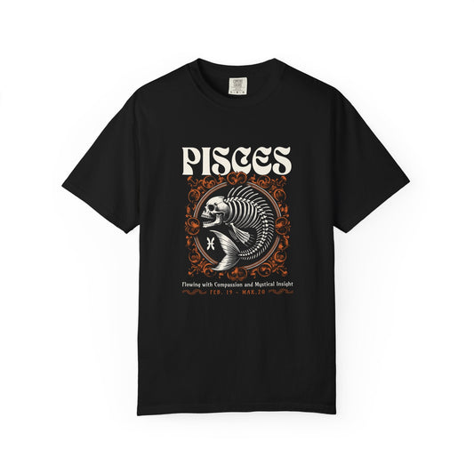 A black short-sleeve crewneck t-shirt featuring a Pisces zodiac graphic on the chest, displayed against a solid white background.