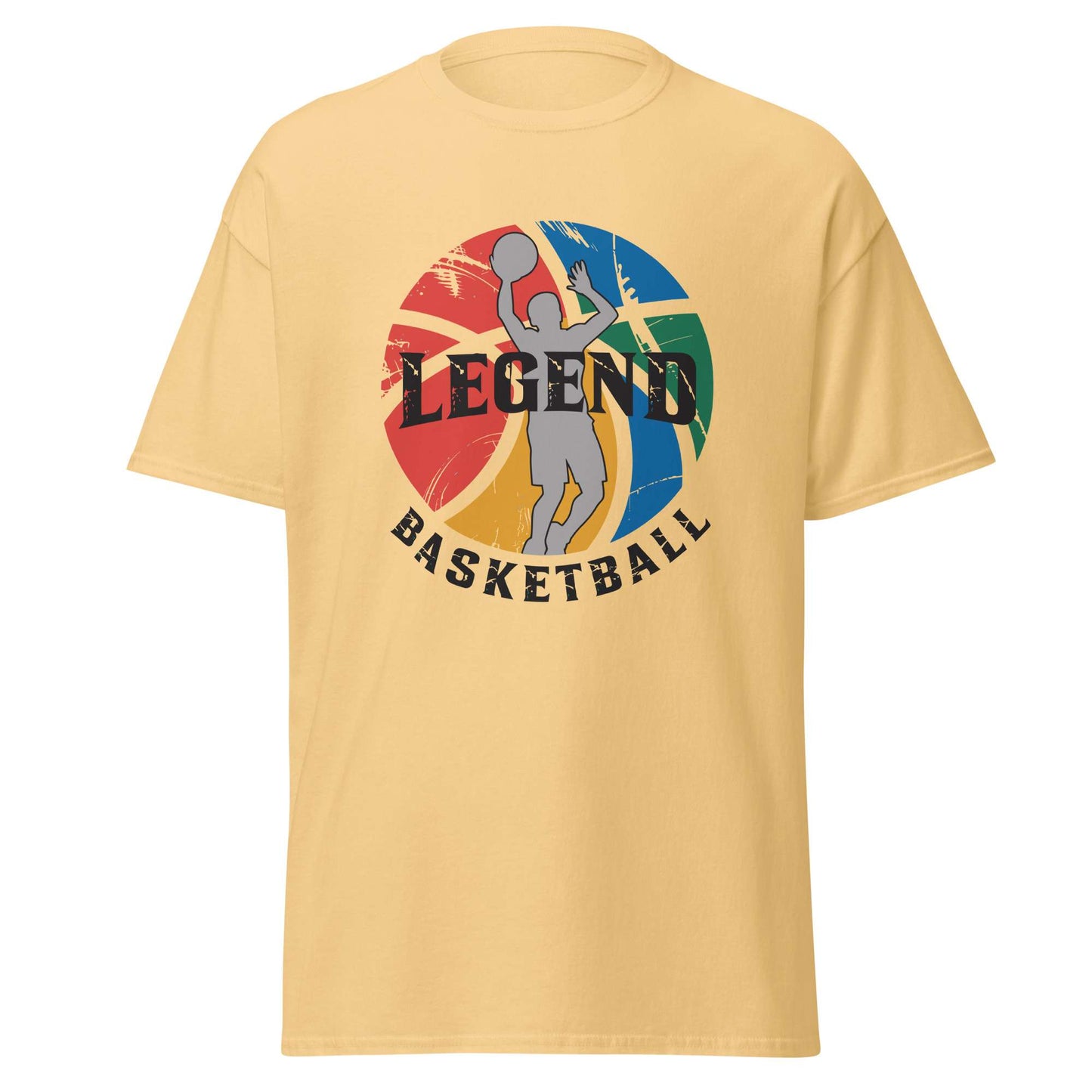 A pale yellow short-sleeve t-shirt with a colorful graphic on the chest featuring a basketball player silhouette over a multi-colored basketball and the words 'LEGEND BASKETBALL'. Buy Comfortable Legend Basketball Graphic T-Shirt Casual Outfits