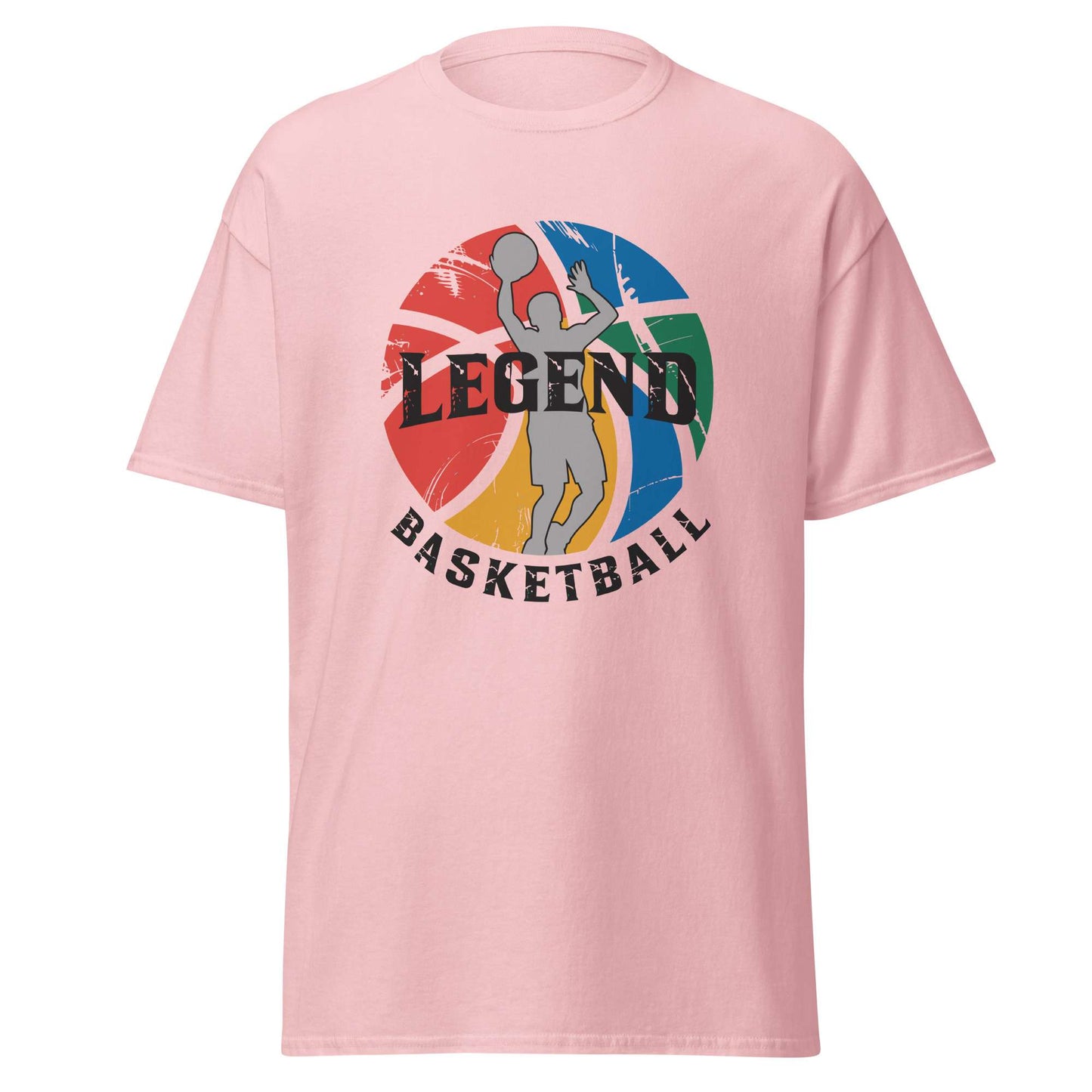 A light pink short-sleeve crewneck t-shirt featuring a circular graphic on the chest with a basketball player silhouette and the words 'LEGEND BASKETBALL' in black. Buy Comfortable Legend Basketball Graphic T-Shirt for Casual Outfits