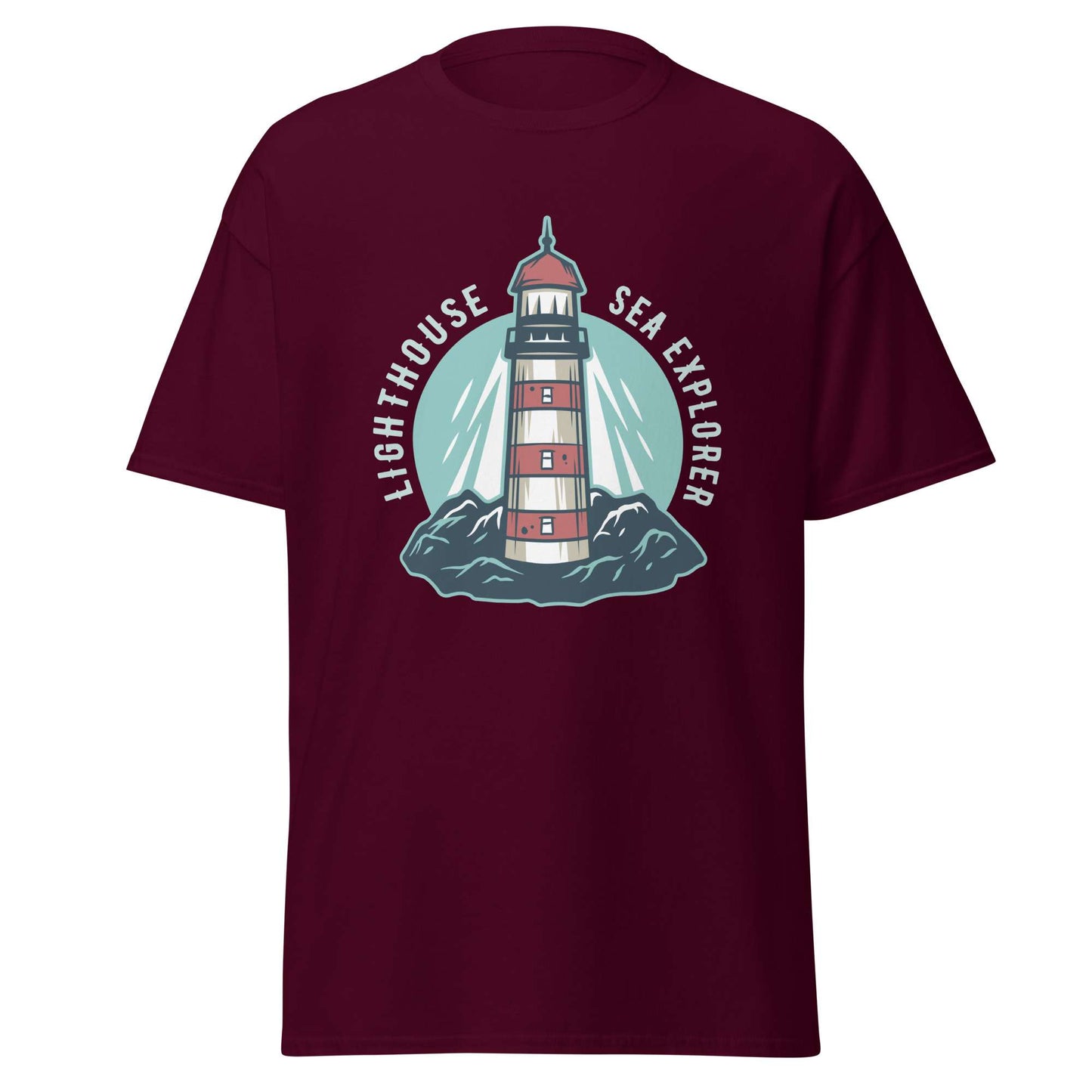 A maroon short-sleeve crewneck t-shirt featuring a central graphic of a red and white striped lighthouse on dark teal rocks, surrounded by a light teal circular background with the words 'LIGHTHOUSE SEA EXPLORER' in white. Buy Marine Lighthouse at Mountain Nautical Sea T-Shirt Casual Wear