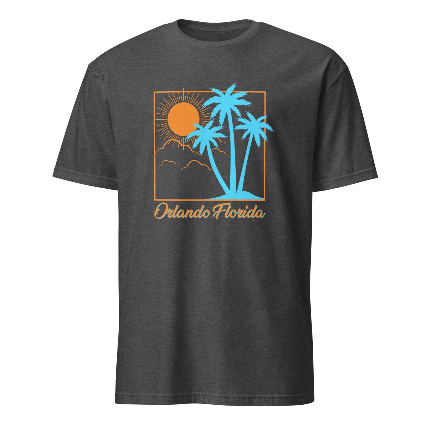A dark charcoal gray short-sleeve t-shirt with a retro-style graphic on the chest depicting a sun, palm trees, mountains, and the text 'Orlando Florida' in orange and light blue. Buy Orlando Florida Summer Sun Beach Graphic T-Shirt Casual Wear
