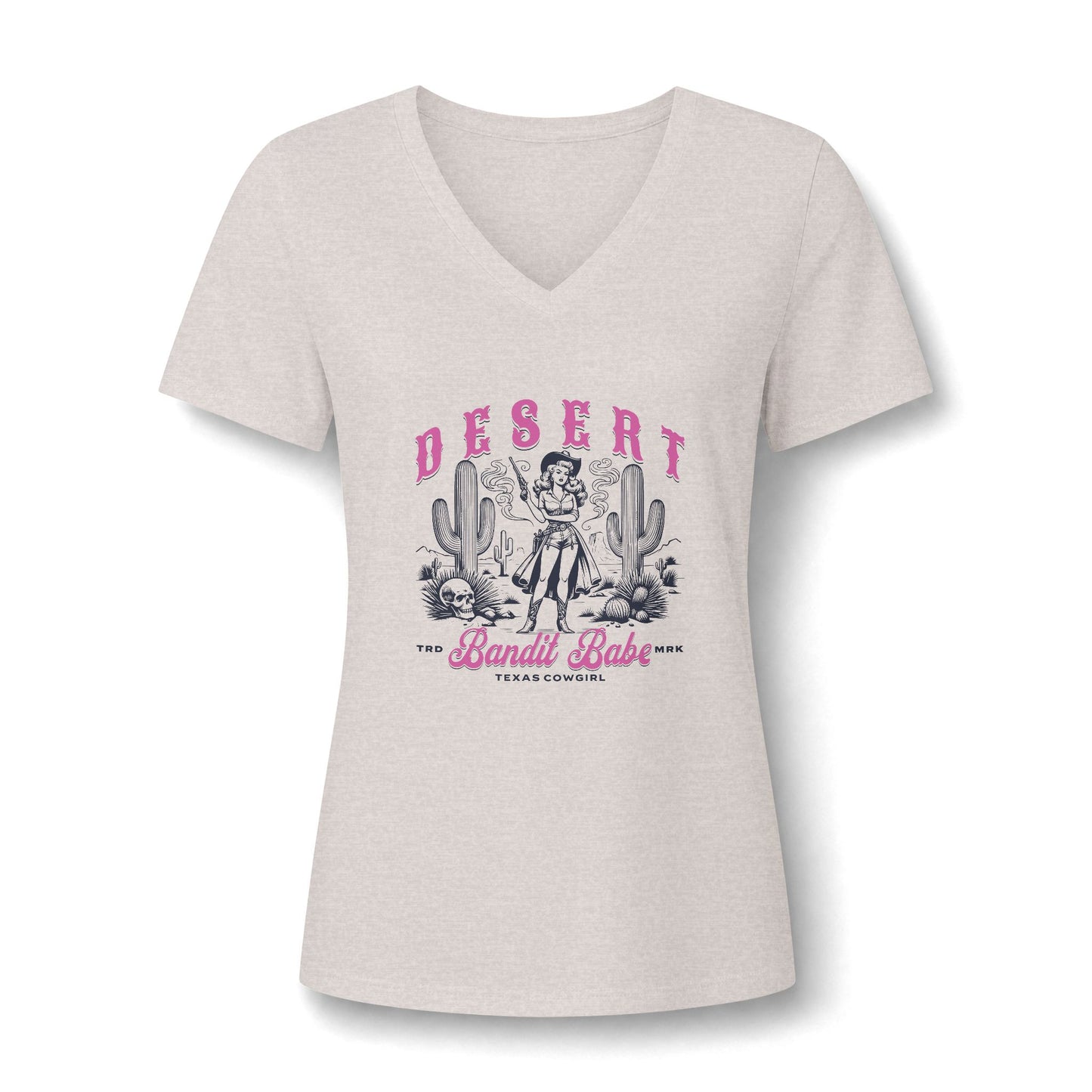 A women's short-sleeve V-neck t-shirt in a light heathered off-white color, featuring a vintage-style graphic print on the front with the word 'DESERT' in pink, a cowboy illustration, and 'Bandit Babe' in pink script. Western Cowgirl Bandit Babe Women's T-Shirt for Casual Wear