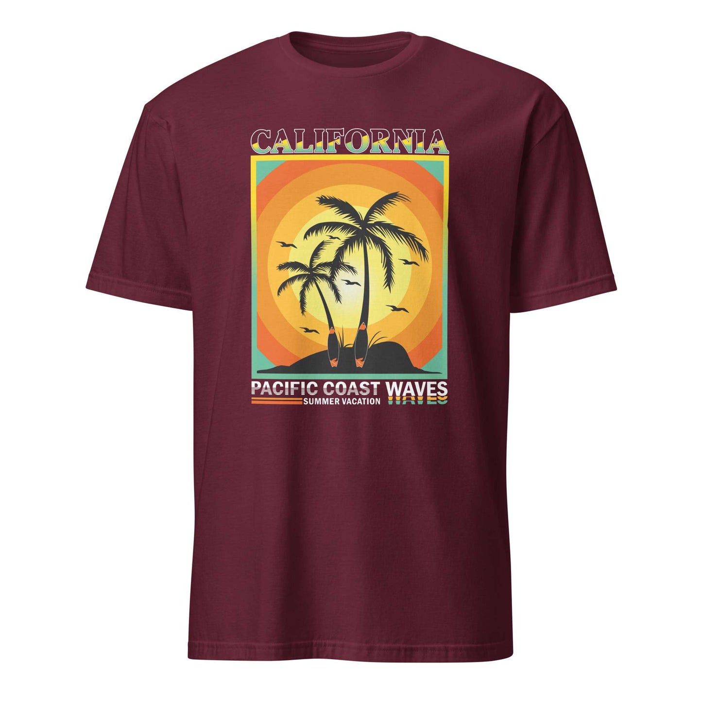 A maroon short-sleeve crewneck t-shirt featuring a retro-style graphic print of a California sunset with palm trees and surfboards on a beach, with the text 'CALIFORNIA' and 'PACIFIC COAST WAVES'. California Coastal Waves and Sunset T-Shirt Design