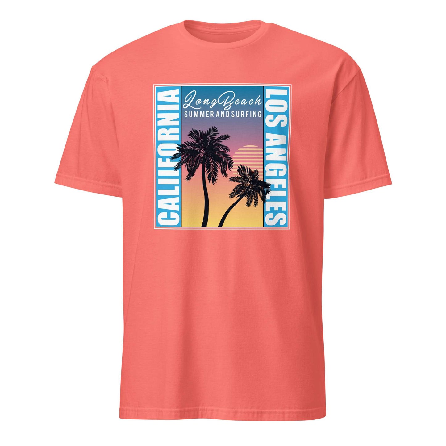 A coral pink short-sleeve crewneck t-shirt featuring a retro-style graphic print on the chest with palm trees, a sunset gradient, and the text 'Long Beach Summer and Surfing' and 'Los Angeles'. California Los Angeles Graphic Tee with Sunset Palms