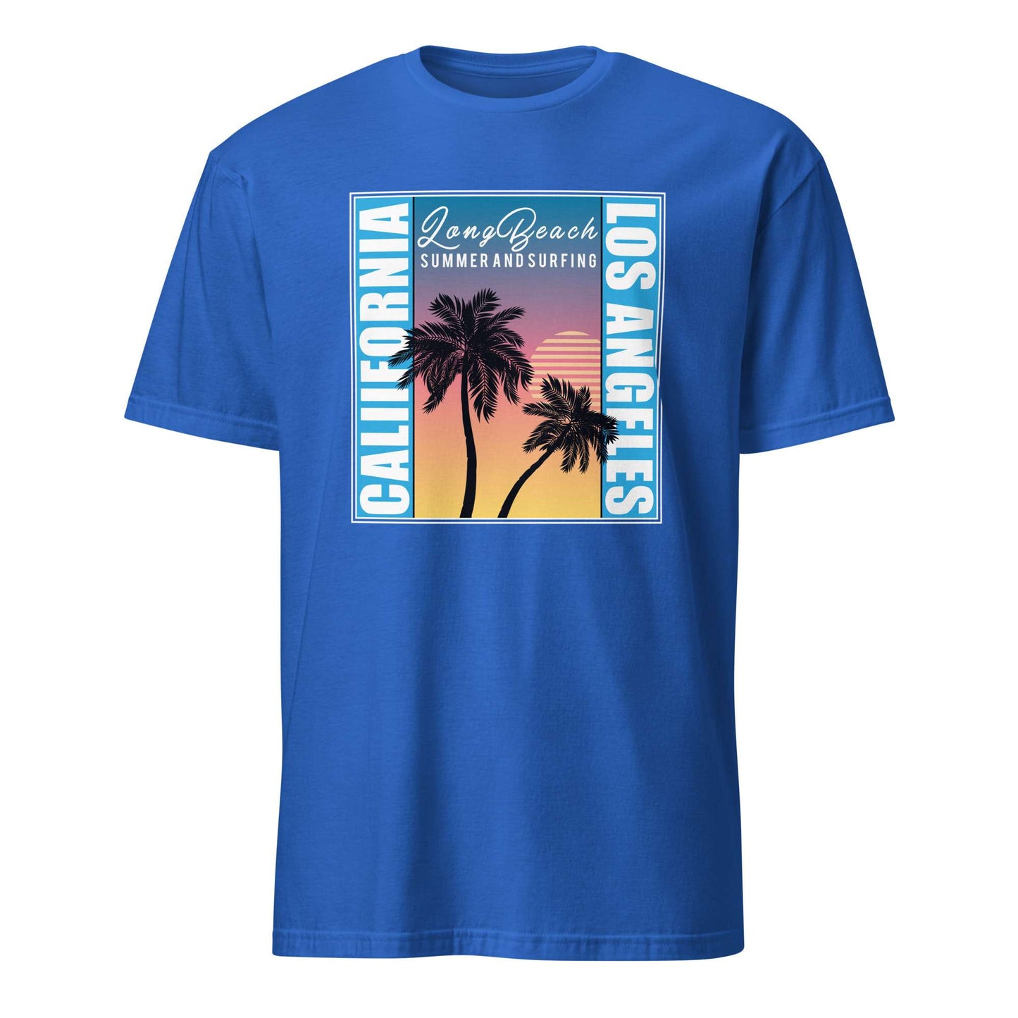 A royal blue short-sleeve crewneck t-shirt featuring a retro-style graphic print on the front. The graphic displays a sunset scene with two palm trees, 'Long Beach' and 'Los Angeles' written vertically in white, and 'California Summer and Surfing' in script at the top. California Los Angeles Sunset Palm Tree Casual T-Shirt