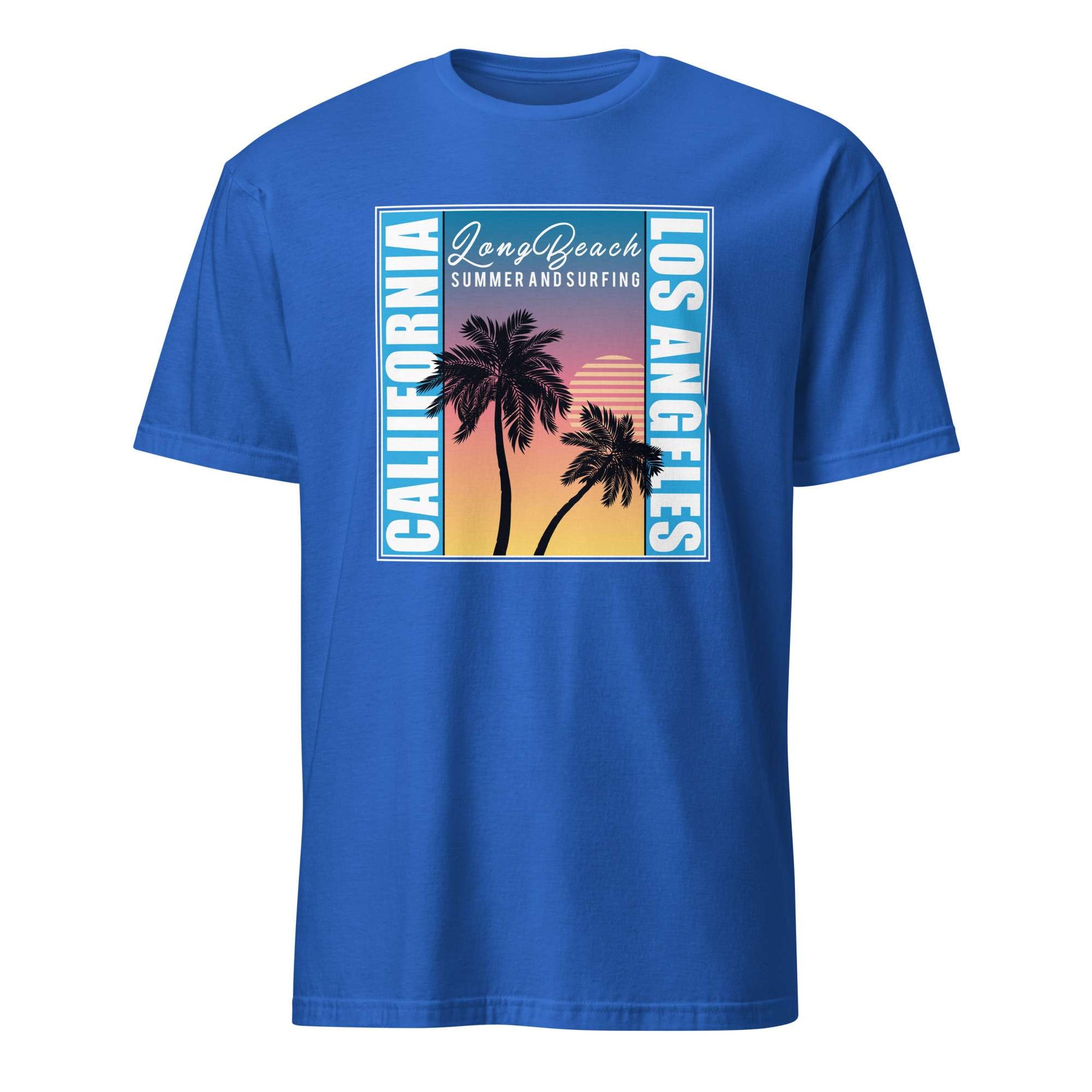 A royal blue short-sleeve crewneck t-shirt featuring a retro-style graphic print on the front. The graphic displays a sunset scene with two palm trees, 'Long Beach' and 'Los Angeles' written vertically in white, and 'California Summer and Surfing' in script at the top. California Los Angeles Sunset Palm Tree Casual T-Shirt