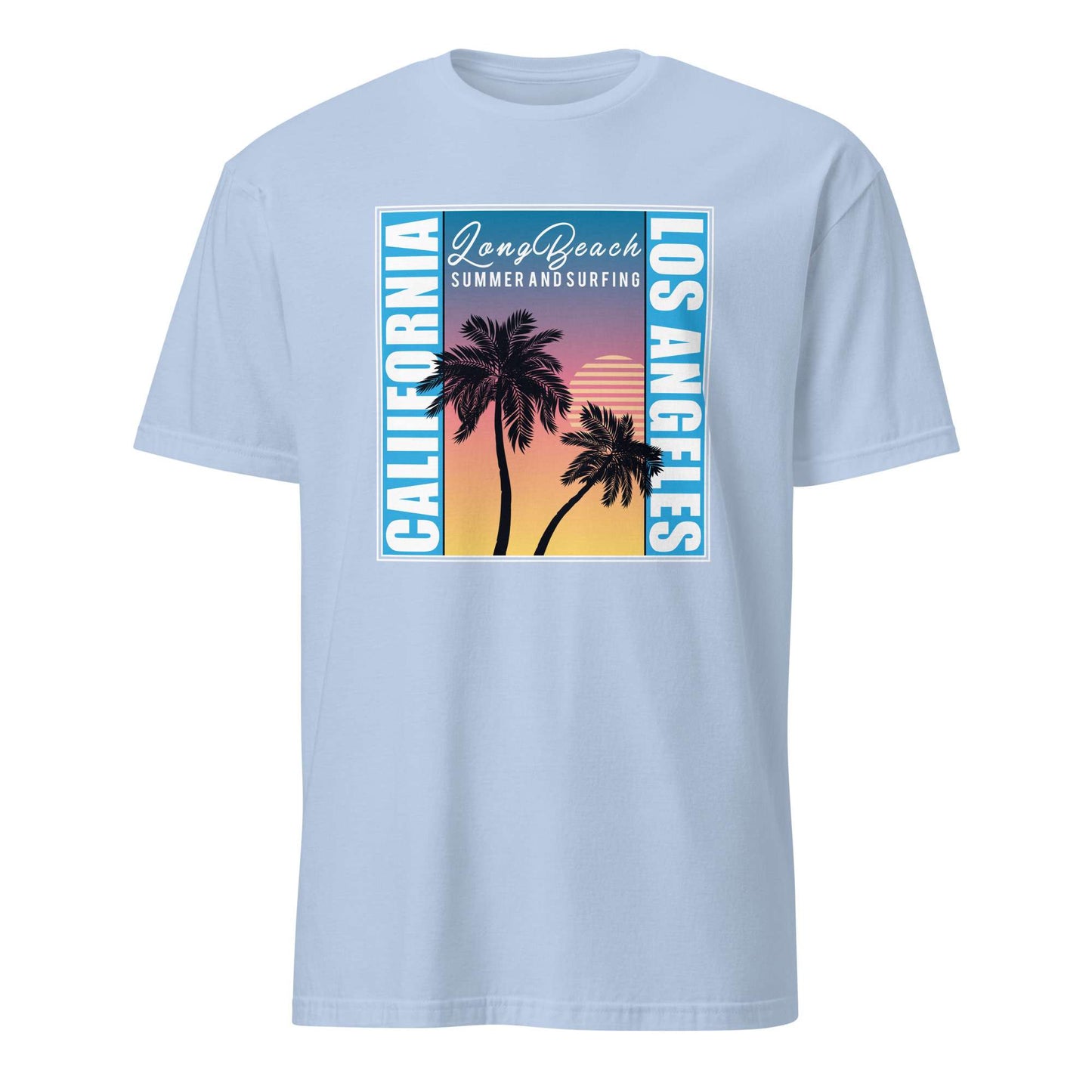 A light blue crewneck t-shirt featuring a retro-style graphic print on the chest with palm trees, a sunset gradient, and the text 'Long Beach', 'LOS ANGELES', and 'CALIFORNIA SUMMER AND SURFING'. California Los Angeles Sunset Palm Trees Casual T-Shirt