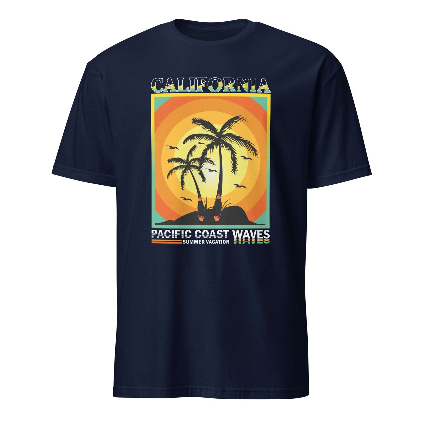 A navy blue short-sleeve t-shirt with a retro-style graphic on the chest depicting two palm trees, surfboards, and a sunset over an island, with the text 'CALIFORNIA' and 'PACIFIC COAST WAVES'. California Pacific Coast Sunset Wave Graphic T-Shirt