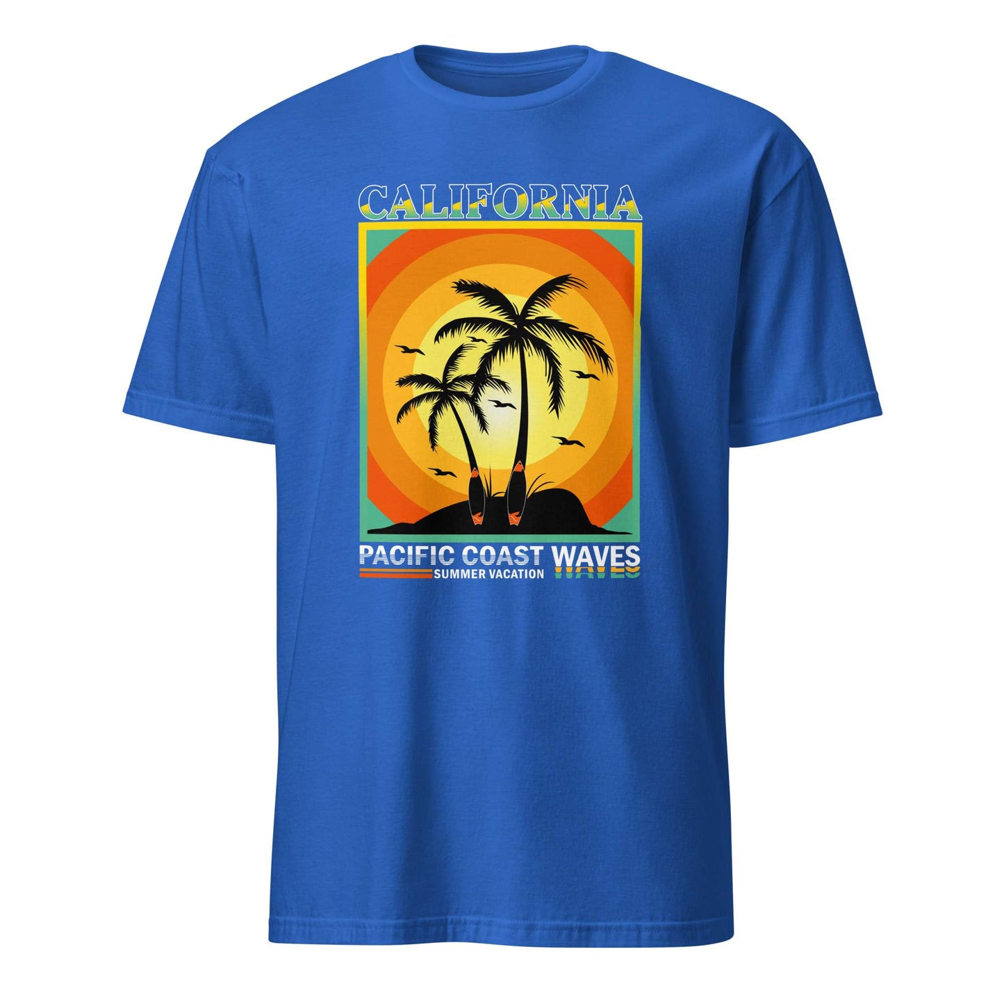 A royal blue short-sleeve t-shirt with a retro-style graphic on the chest depicting two palm trees in front of a vibrant orange and yellow sunset over a black beach silhouette, with 'CALIFORNIA' and 'PACIFIC COAST WAVES' text. California Pacific Coast Surf Sunset T-Shirt