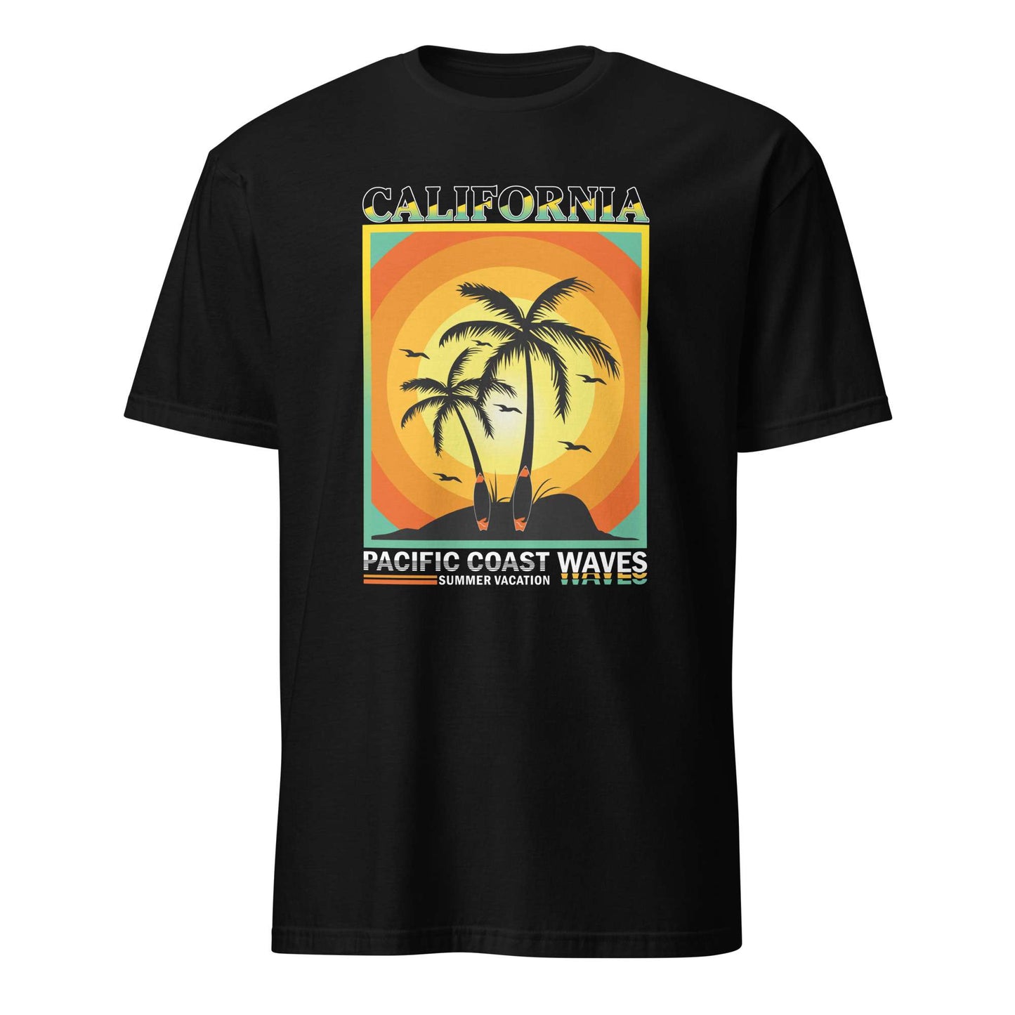 A black short-sleeve crewneck t-shirt featuring a retro-style graphic print of two palm trees on a beach with a sunset, labeled 'CALIFORNIA' and 'PACIFIC COAST WAVES'. California Pacific Coast Waves Sunset T-Shirt Casual Wear