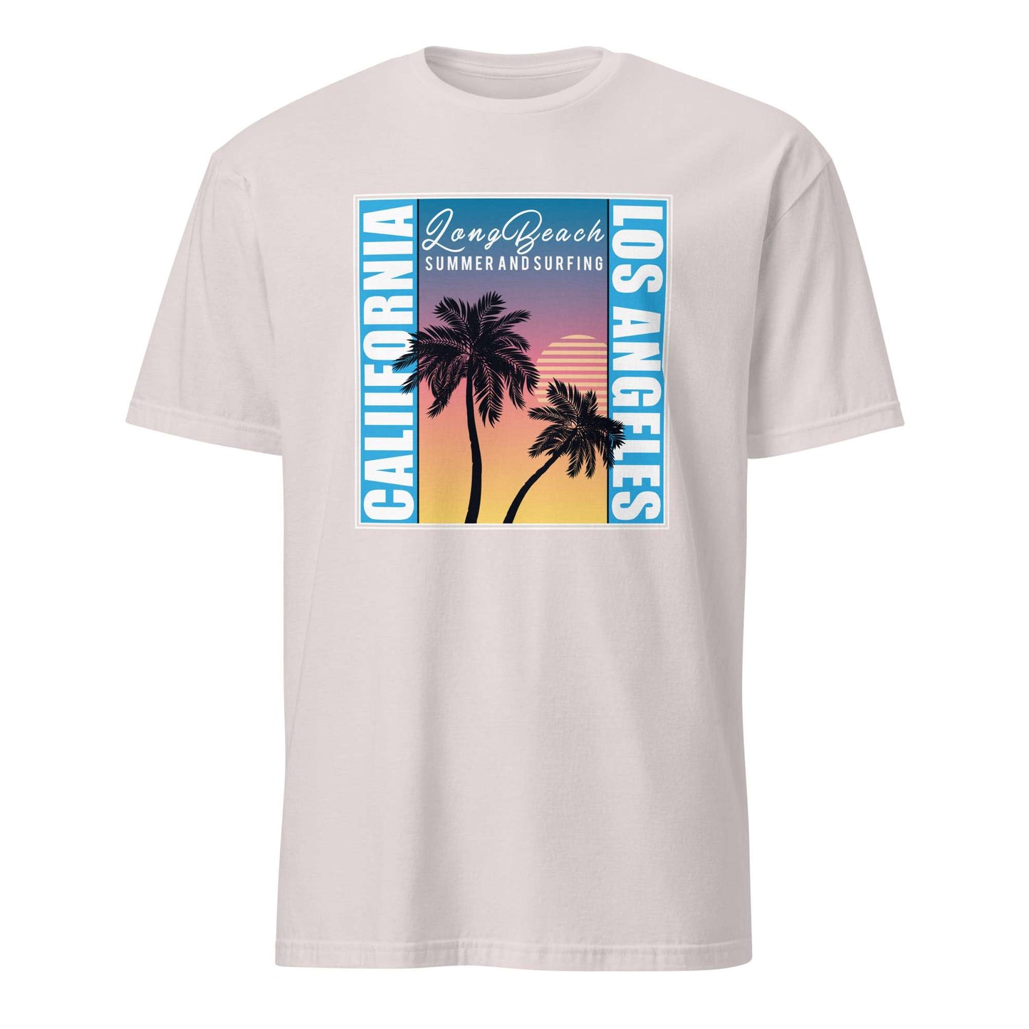A light beige crewneck t-shirt featuring a retro-style graphic print on the chest with palm trees, a sunset gradient, and vertical text reading 'CALIFORNIA', 'Long Beach', 'LOS ANGELES', and 'SUMMER AND SURFING'. California Palm Trees Sunset Tee for Casual Wear