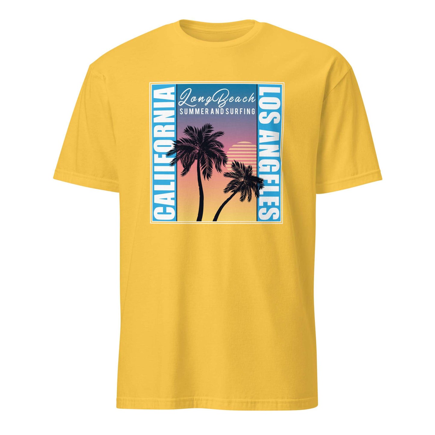 A yellow short-sleeve crewneck t-shirt featuring a retro-style graphic print on the chest with palm trees, a sunset gradient, and vertical text reading 'CALIFORNIA', 'Long Beach', 'LOS ANGELES', and 'SUMMER AND SURFING'. California Sunset Graphic T-Shirt with Palm Trees