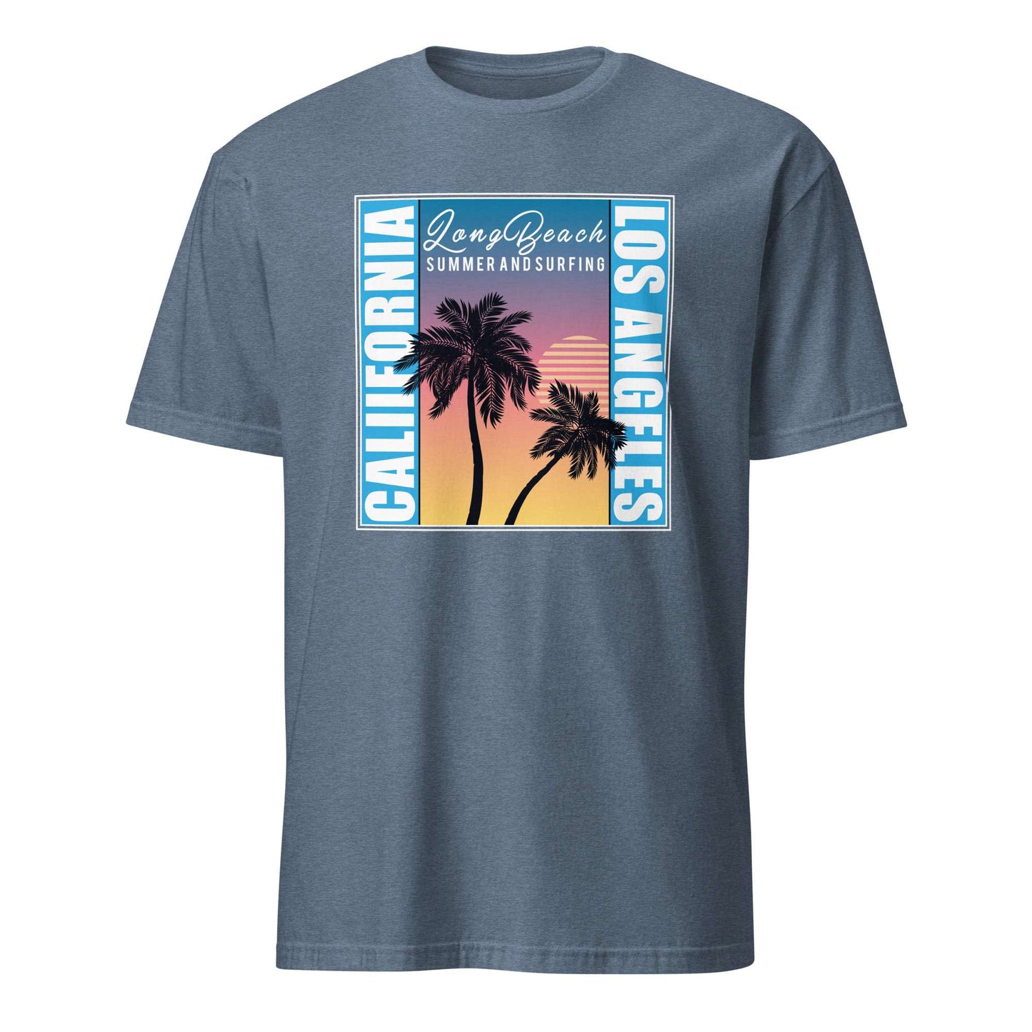 A slate blue crewneck t-shirt featuring a retro-style graphic print on the front with palm trees, a sunset gradient, and the text 'Long Beach', 'LOS ANGELES', and 'CALIFORNIA SUMMER AND SURFING'. California Sunset Palm Tree T-Shirt for Casual Wear