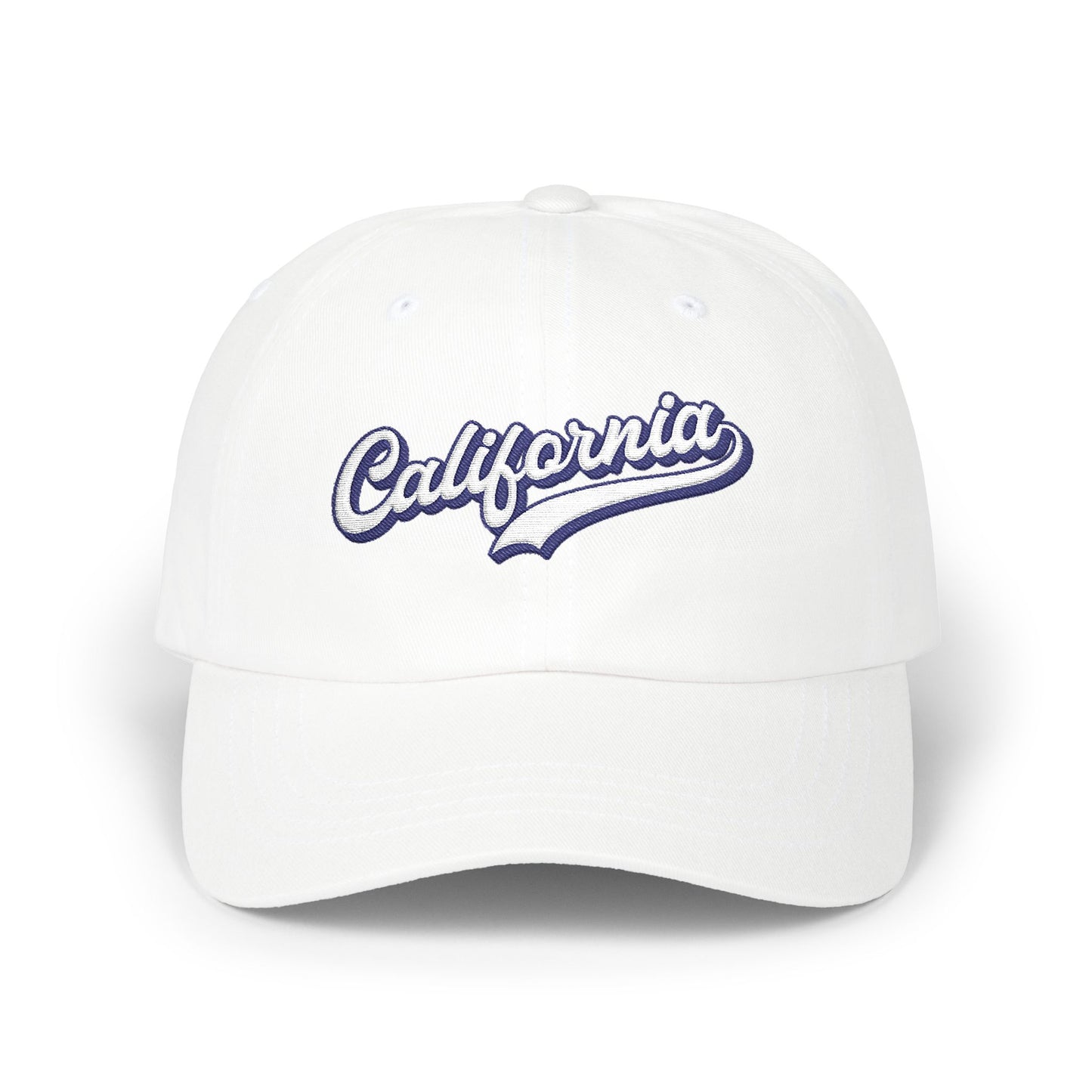A white baseball cap featuring the word 'California' embroidered in a blue and white cursive script across the front panels, set against a plain white background. California Typography Embroidered Classic Dad Cap