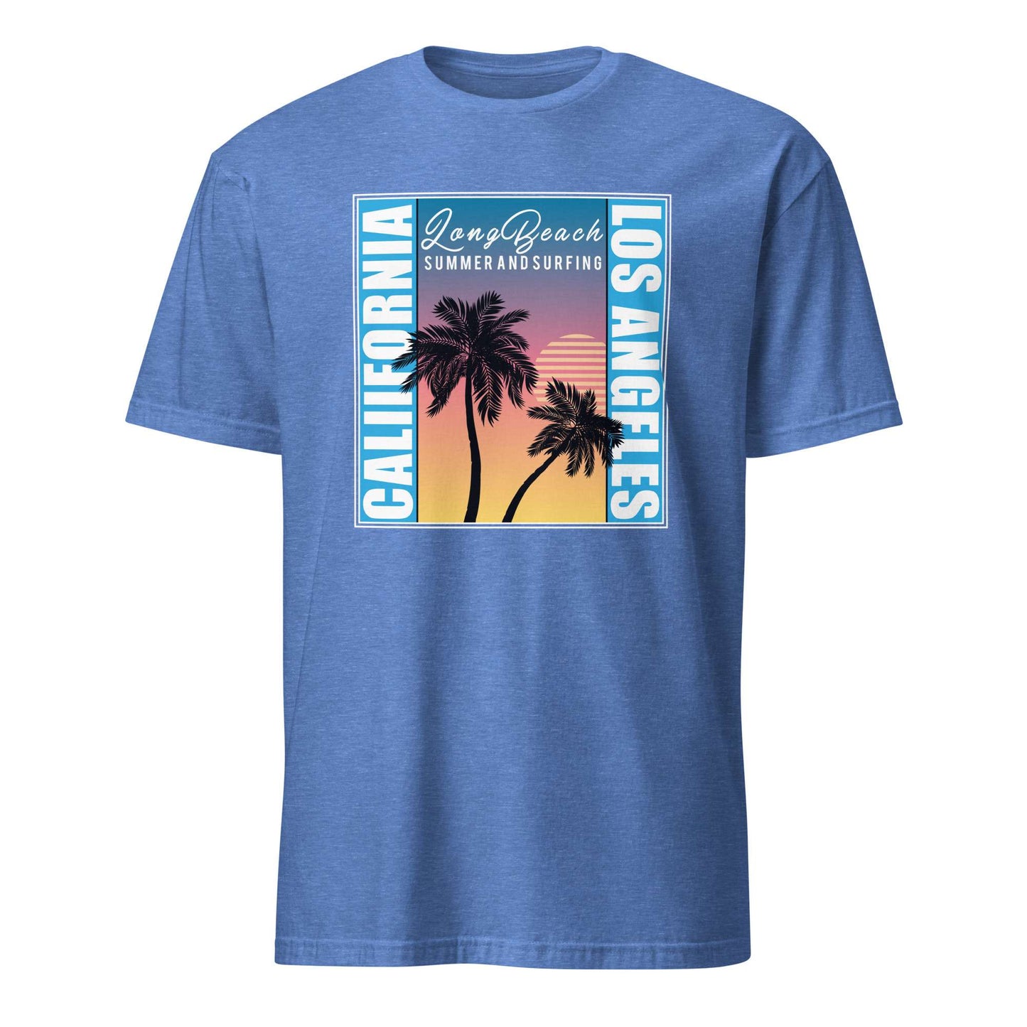 A heather blue short-sleeve t-shirt with a rectangular graphic on the chest featuring palm trees, a sunset gradient, and the text 'Long Beach Summer and Surfing' and 'Los Angeles'. Casual California T-Shirt with Los Angeles Sunset Design