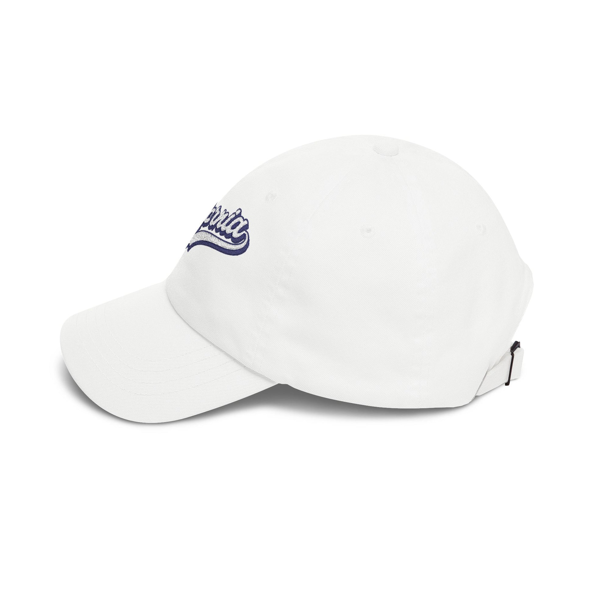 A white baseball cap with a navy blue embroidered script logo on the front, shown from a three-quarters angle on a white background. Casual California Typography Embroidered Classic Dad Cap