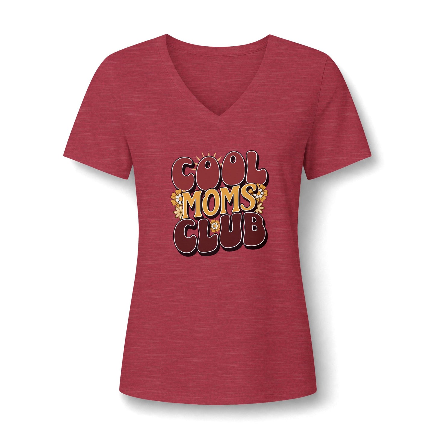 A women's heather red V-neck t-shirt featuring a retro-style graphic on the chest that reads 'COOL MOMS CLUB' in brown, gold, and white bubble letters, displayed on a clean white background.