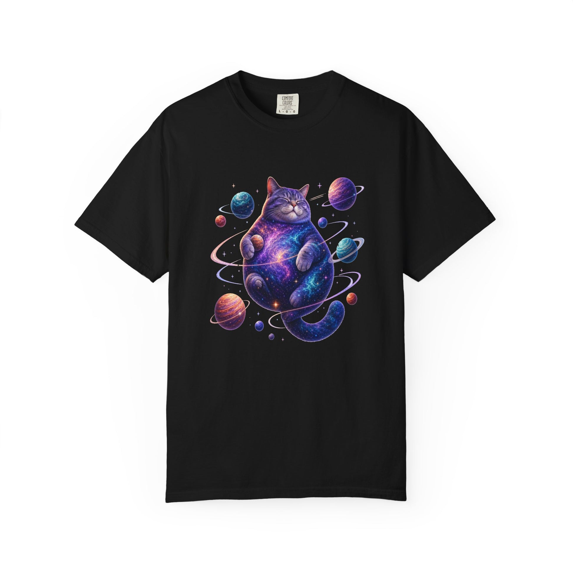 A black short-sleeve crewneck t-shirt featuring a colorful graphic of a cosmic, galaxy-patterned cat surrounded by planets, displayed on a clean white background. Celestial Feline: Space-Themed Cat T-Shirt for Casual Wear