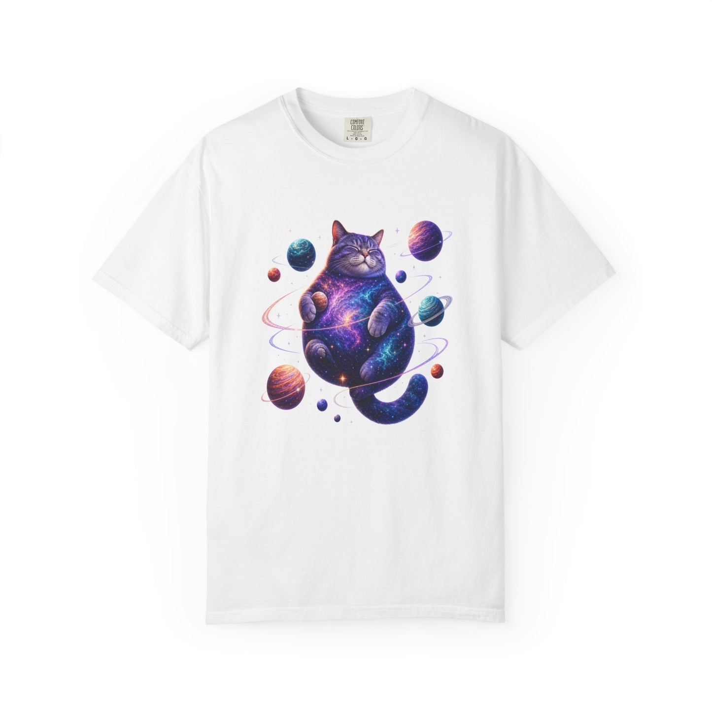 A white short-sleeve crewneck t-shirt featuring a colorful graphic print of a cosmic, galaxy-patterned cat surrounded by planets, displayed on a clean white background. Chic Celestial Feline: Space-Themed Cat T-Shirt for Casual Wear