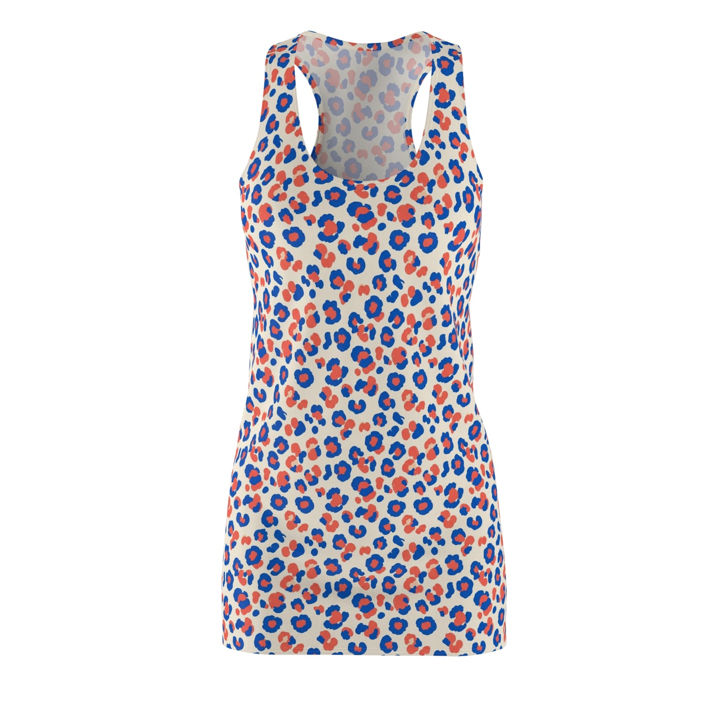 A sleeveless scoop-neck tank top featuring an all-over leopard print pattern in blue and orange on a cream background, displayed on a clean white studio background. Chic Comfortable Colorful Leopard Print Women's Racerback Dress