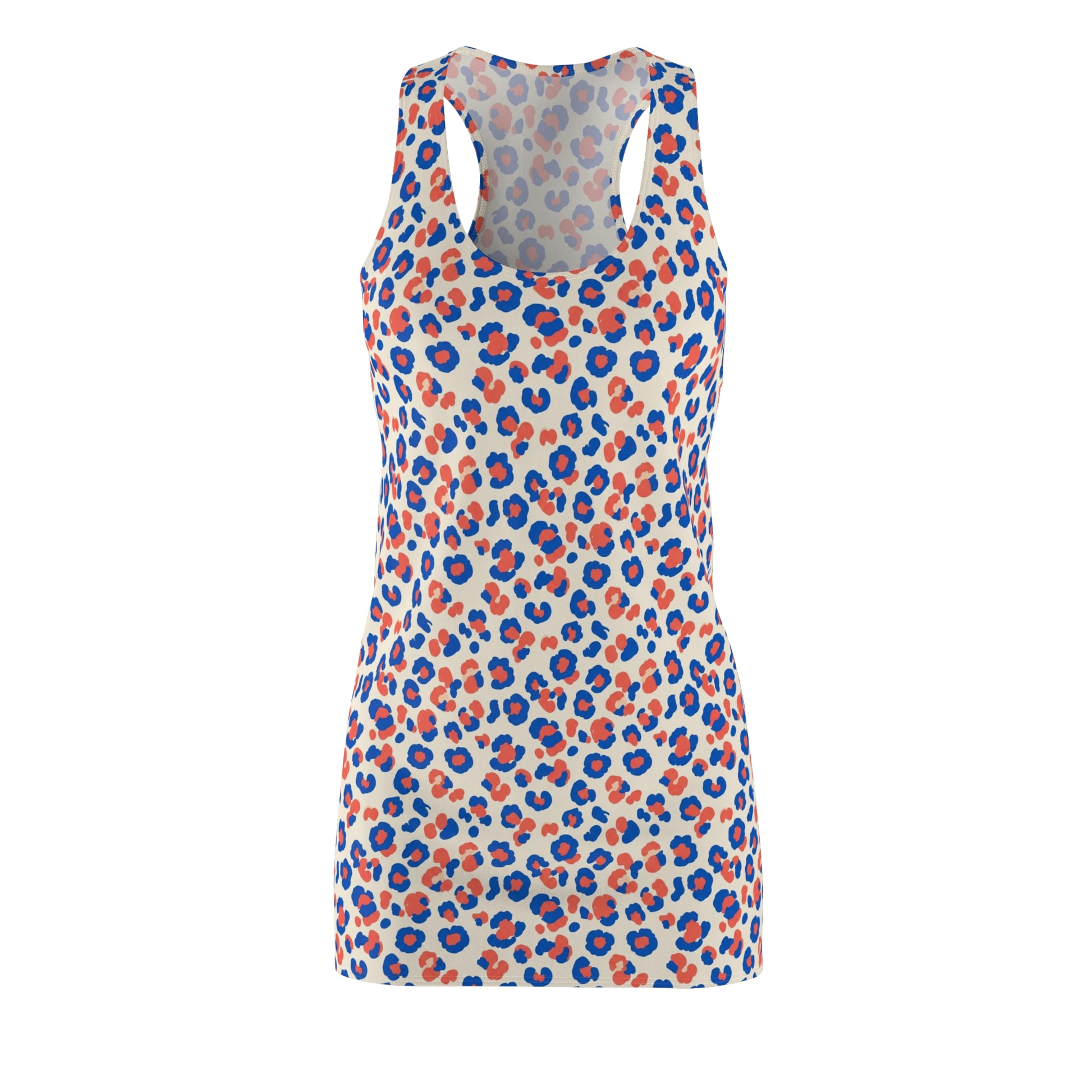 A sleeveless scoop-neck tank top featuring an all-over leopard print pattern in blue and orange on a cream background, displayed on a clean white studio background. Chic Comfortable Colorful Leopard Print Women's Racerback Dress