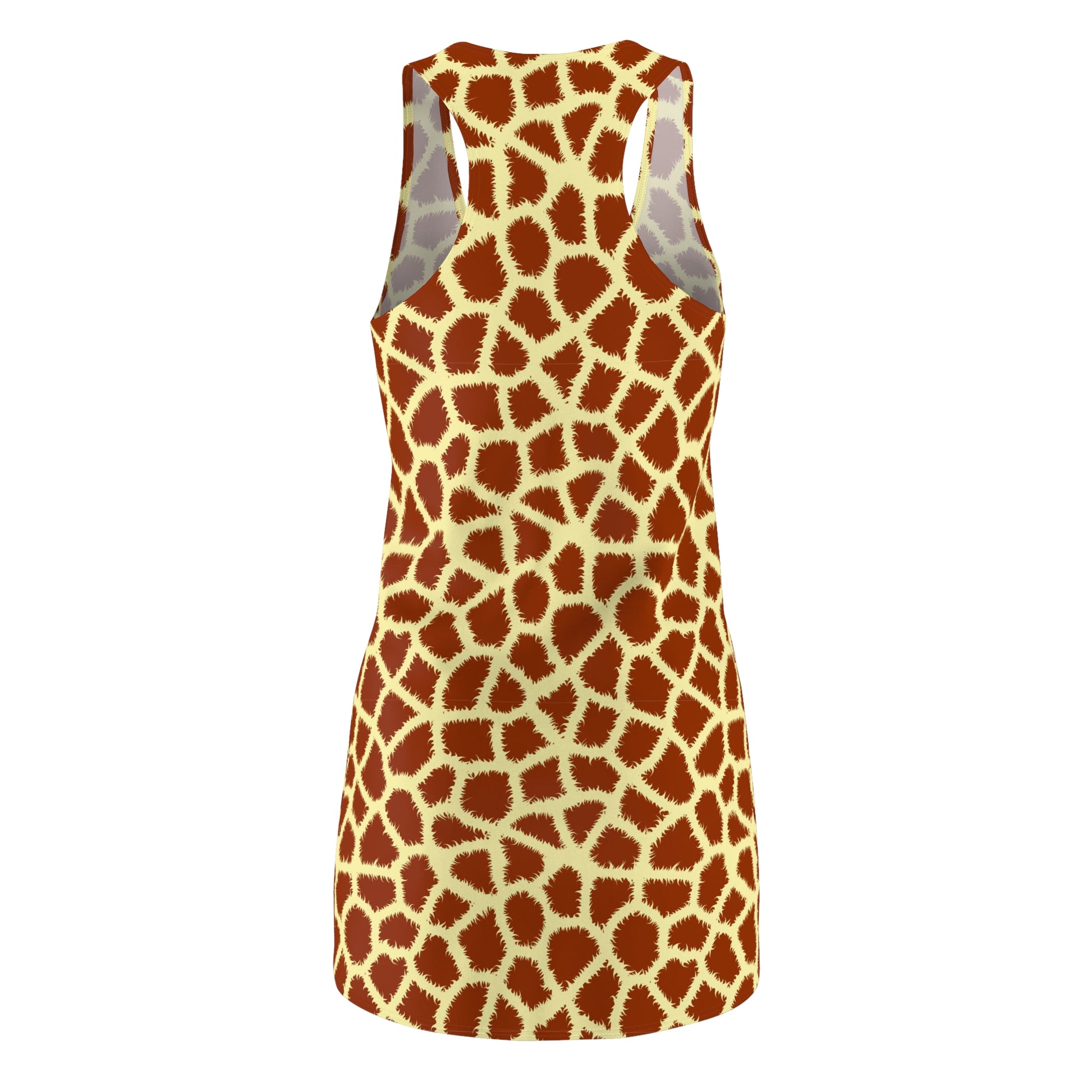 A sleeveless tank dress with a giraffe print pattern in brown and cream, shown from the back on a white background. Chic Comfortable Giraffe Print Women's Racerback Dress