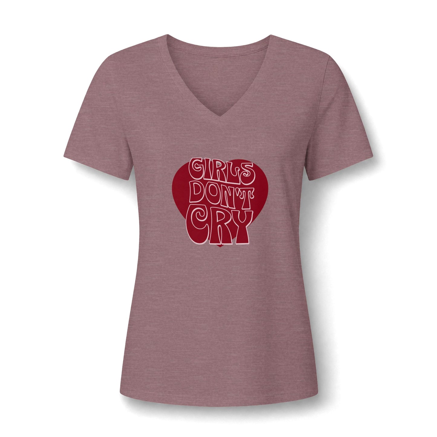 A women's heathered dusty rose V-neck t-shirt featuring a red heart graphic on the chest with the text 'GIRLS DON'T CRY' in a retro outline font.