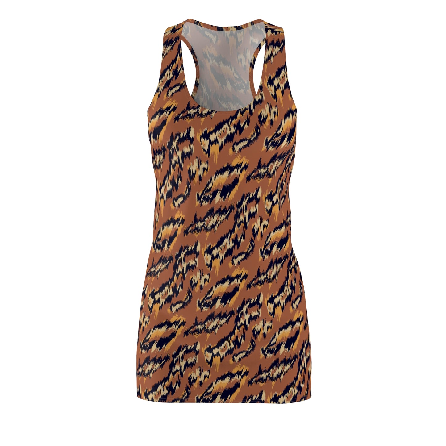 A sleeveless racerback tank top with an all-over tiger stripe pattern in brown, black, and beige, shown against a plain white background. Chic Lightweight Women's Summer Dress Bold Tiger Print