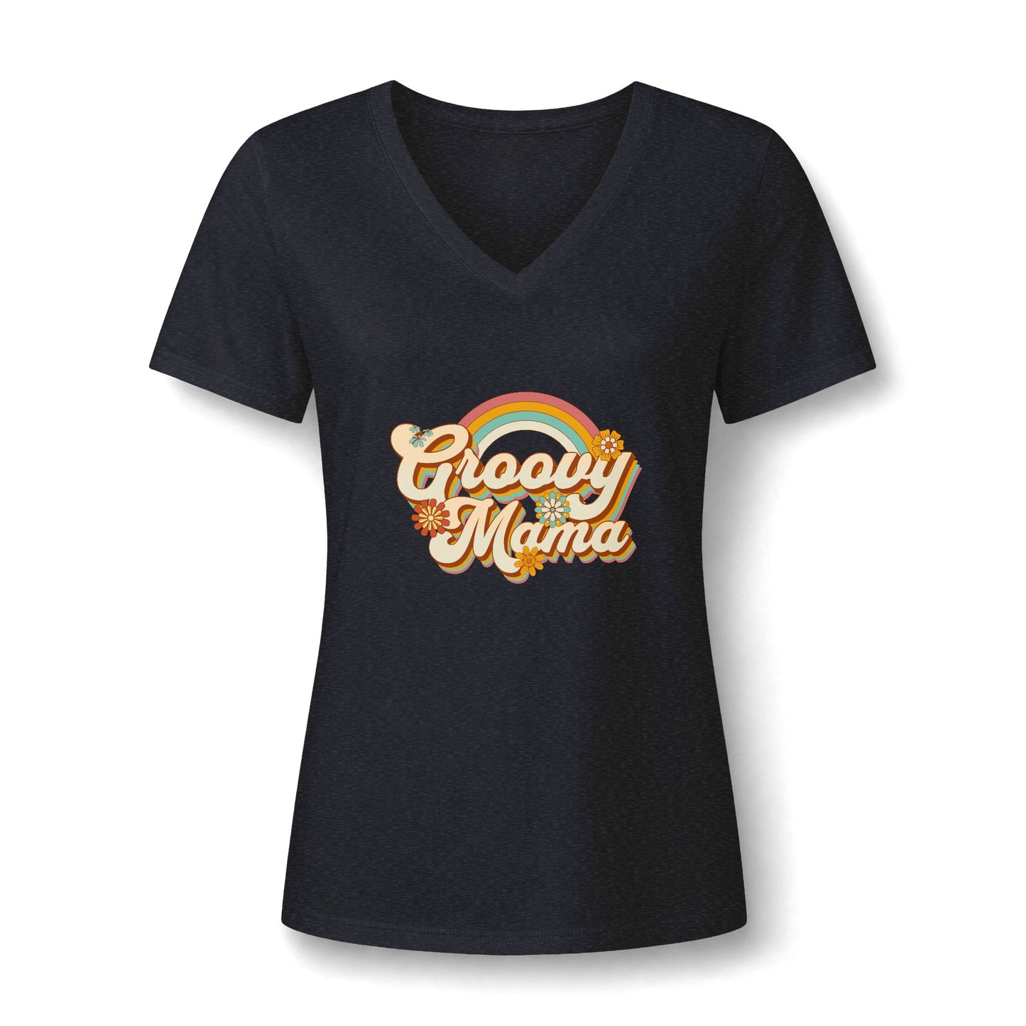 A women's short-sleeve V-neck t-shirt in dark navy blue, featuring a retro-style 'Groovy Mama' graphic with a rainbow and floral details on the chest, displayed against a clean white background.
