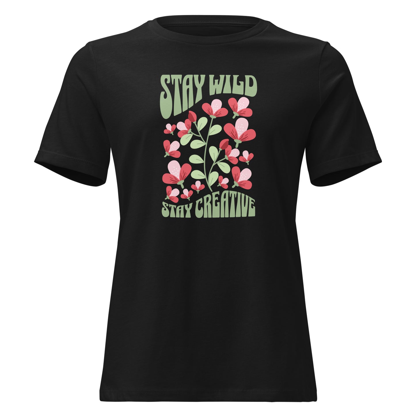 A black short-sleeve crewneck t-shirt featuring a retro-style graphic on the front with the text 'STAY WILD' and 'STAY CREATIVE' in olive green, surrounding a floral design with pink and red hearts and green leaves. Chic Stay Wild Stay Creative Women's Relaxed T-Shirt Casual Wear