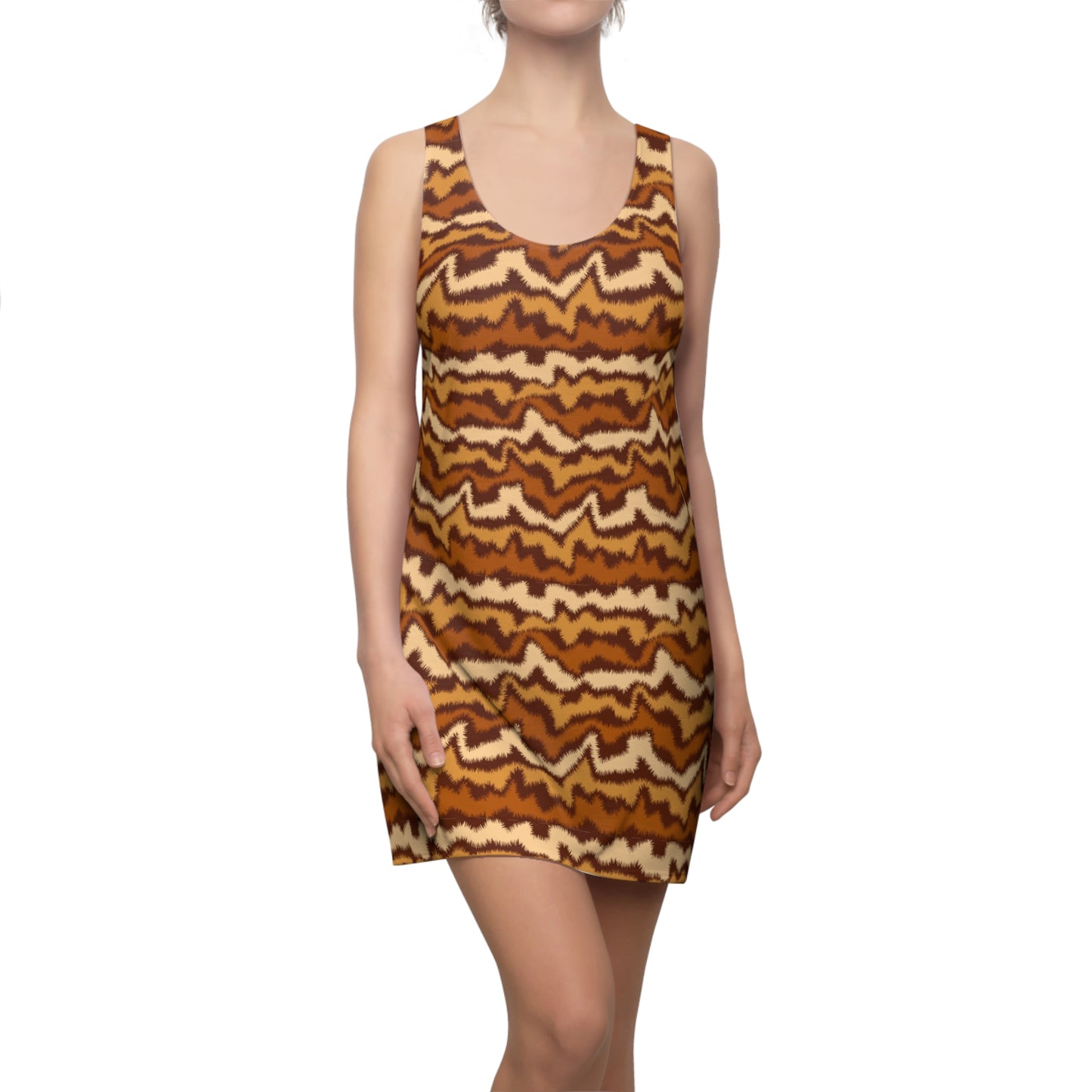 Woman wearing a sleeveless dress with yellow geometric pattern on a white background Chic Women's Summer Dress: Bold Brown Wave Pattern