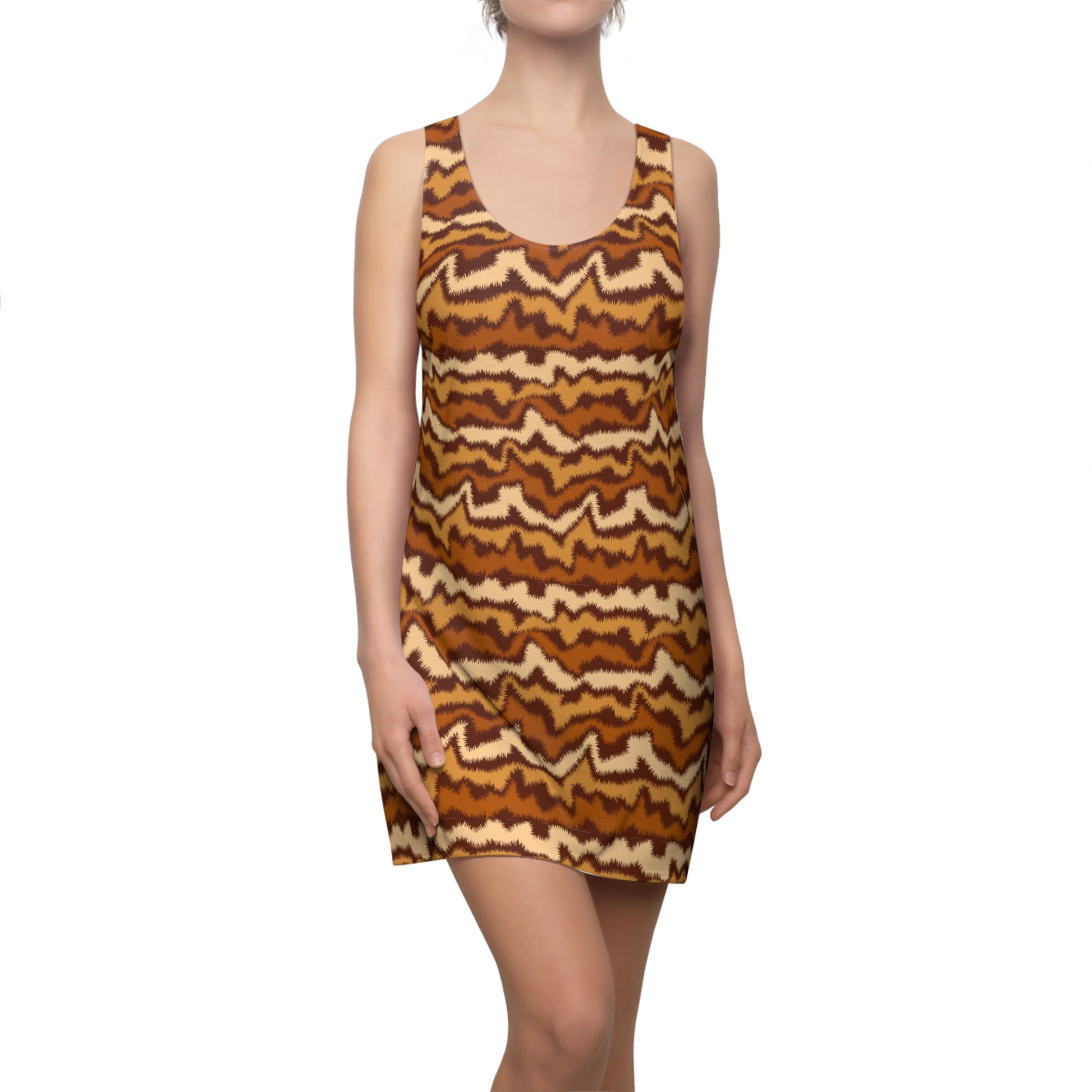 Woman wearing a sleeveless dress with yellow geometric pattern on a white background Chic Women's Summer Dress: Bold Brown Wave Pattern