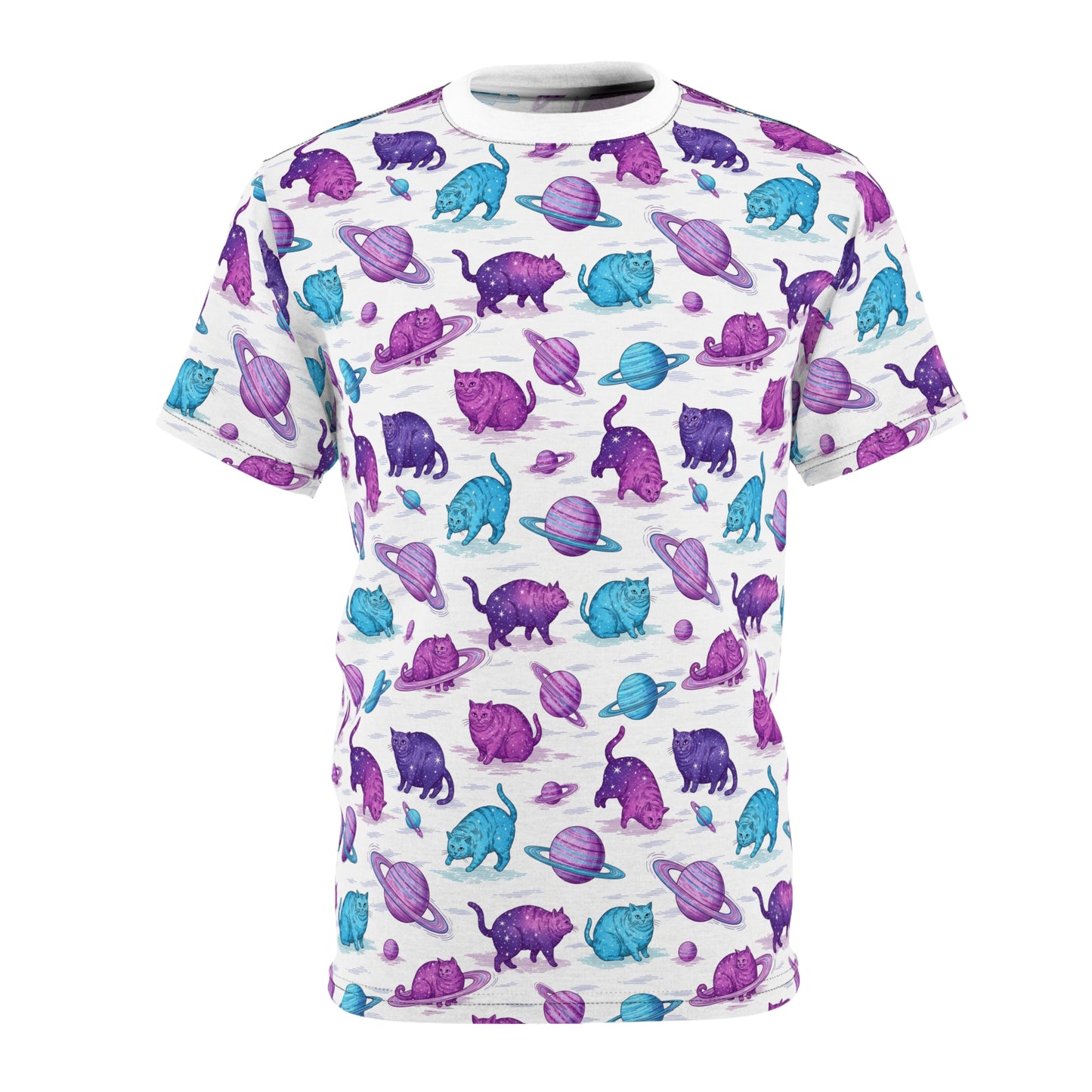 A white short-sleeve crewneck t-shirt featuring an all-over repeating pattern of purple and blue cats walking past pink planets with rings. Chubby Cats Orbiting Planets Graphic T-Shirt for Casual Wear