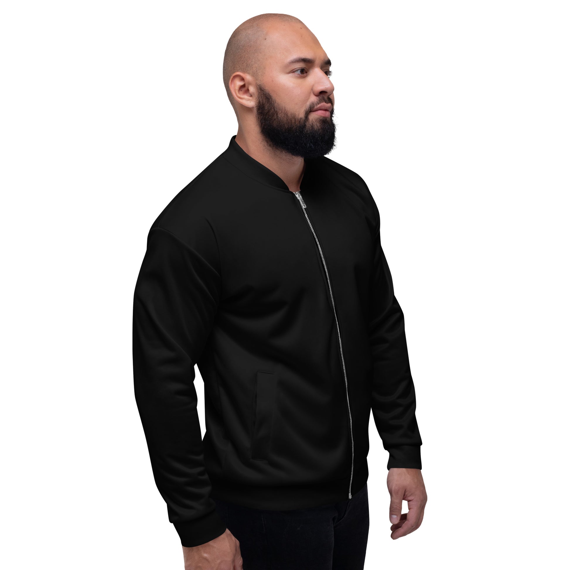 Man wearing a black jacket on a white background Classic Essential Minimalist Solid Black Unisex Bomber Jacket