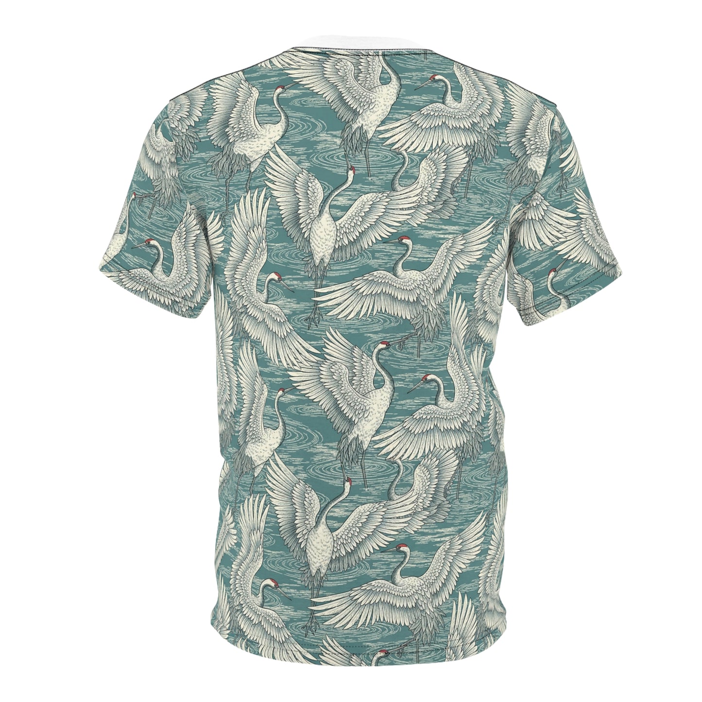 A short-sleeve crewneck t-shirt featuring an all-over print of white cranes over a textured teal water background, shown against a plain white studio background. Classic Vintage Japanese Crane Pattern T-Shirt Casual Wear