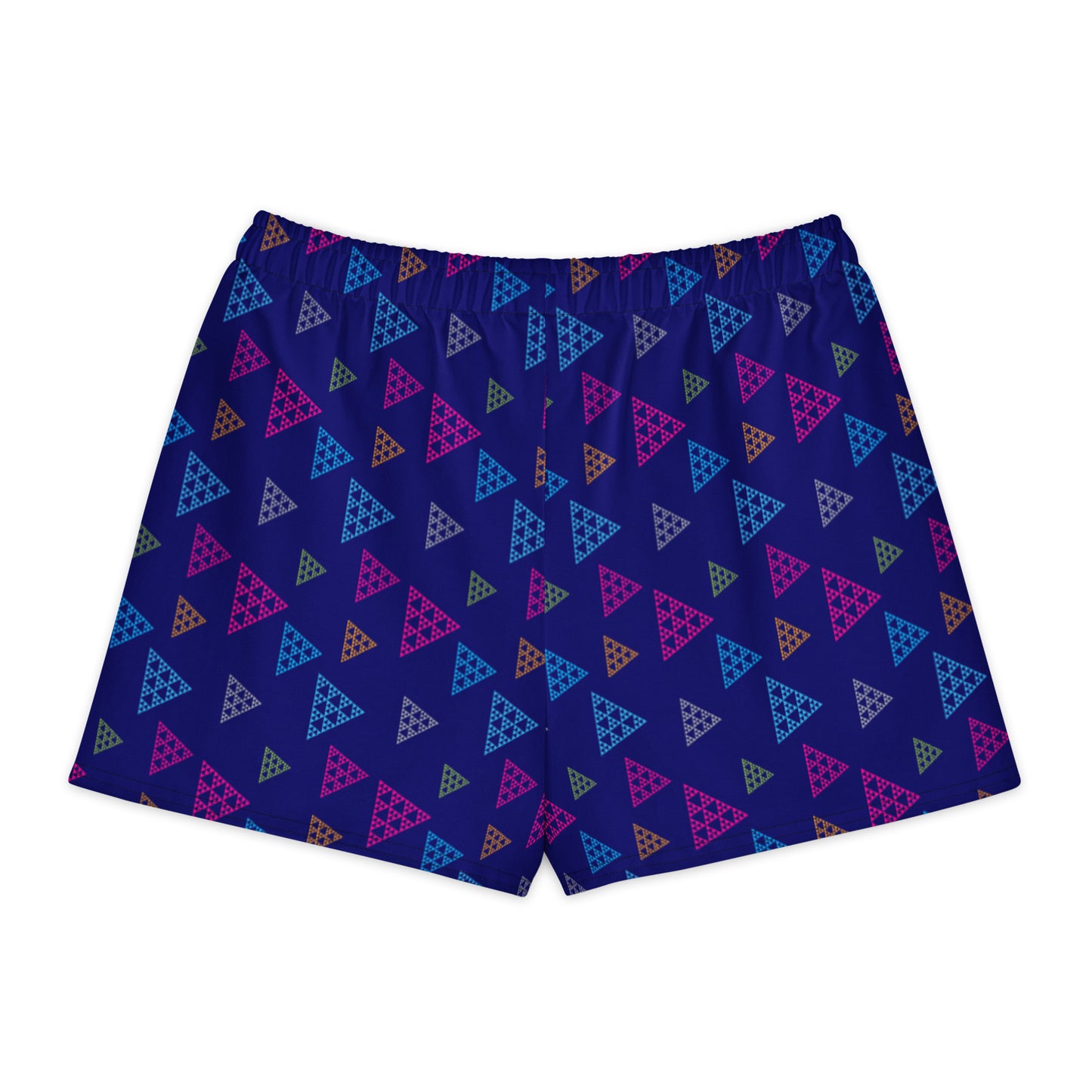 Shorts with a colorful triangle pattern on a blue background