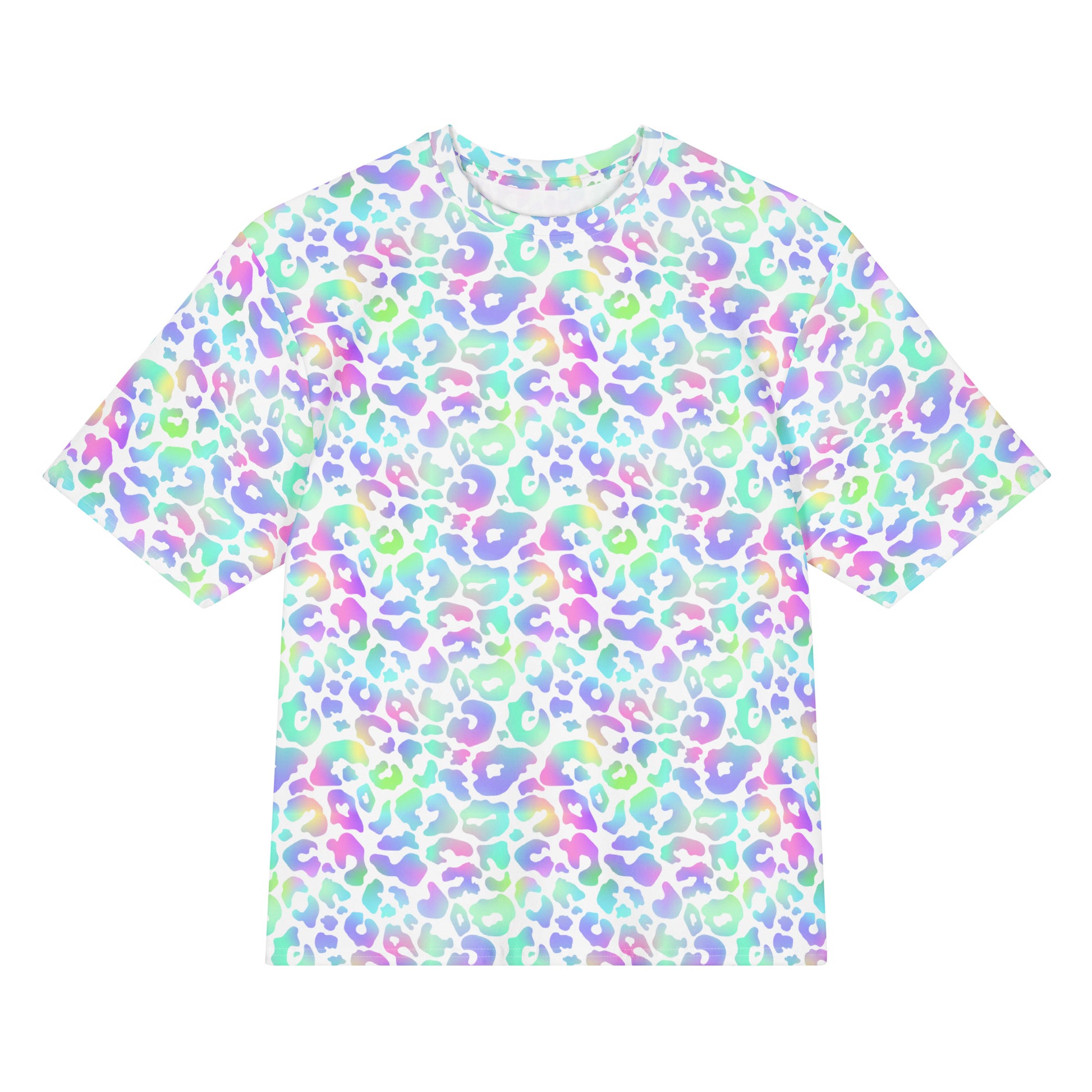 T-shirt with a colorful leopard print pattern on a white background