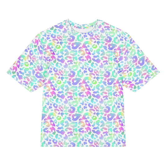 T-shirt with a colorful leopard print pattern on a white background