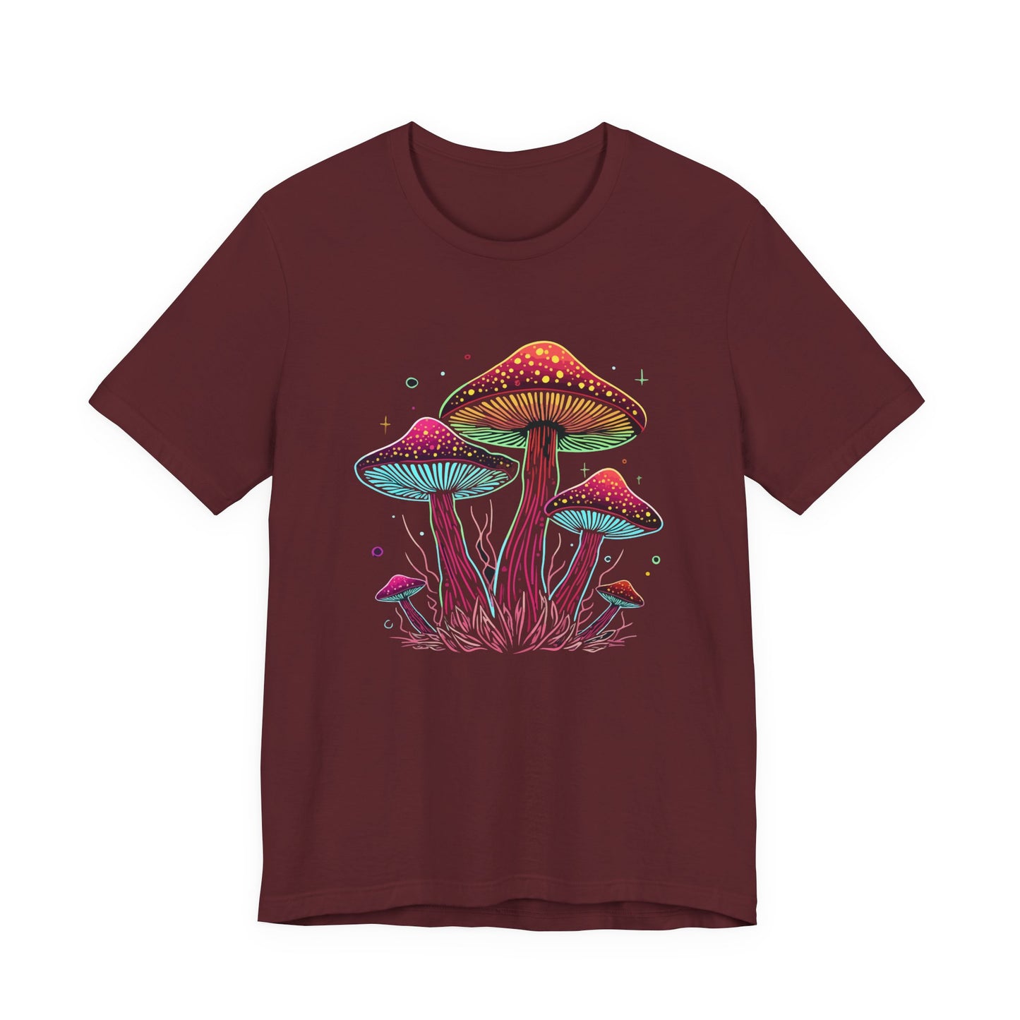 A maroon short-sleeve crewneck t-shirt featuring a colorful graphic of glowing mushrooms in pink, purple, and blue on the front, displayed against a solid white background. Colorful Psychedelic Mushroom Neon Fantasy Fungi T-Shirt Casual Wear