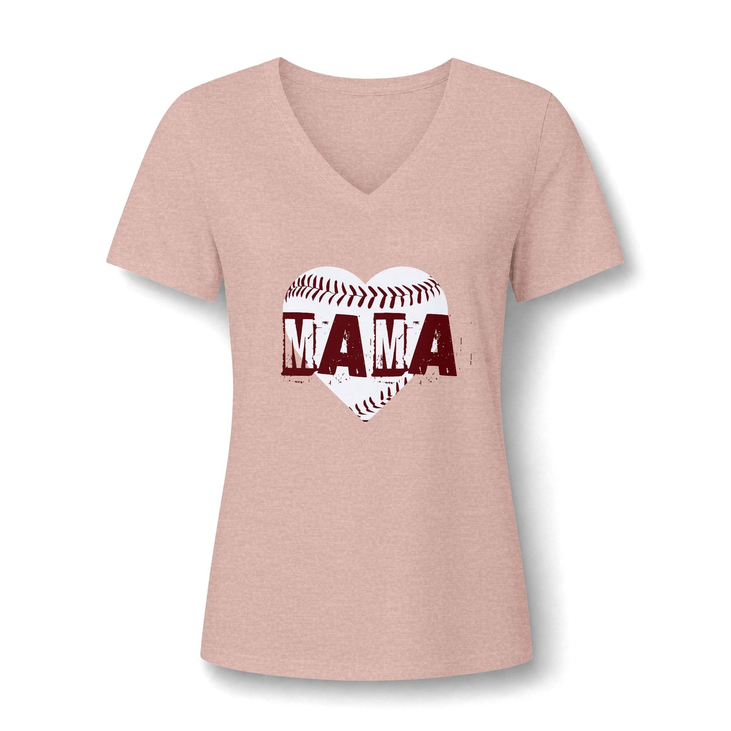 A women's short-sleeve V-neck t-shirt in heathered dusty pink, featuring a graphic of a baseball heart with the word 'MAMA' printed across it in distressed dark red letters.