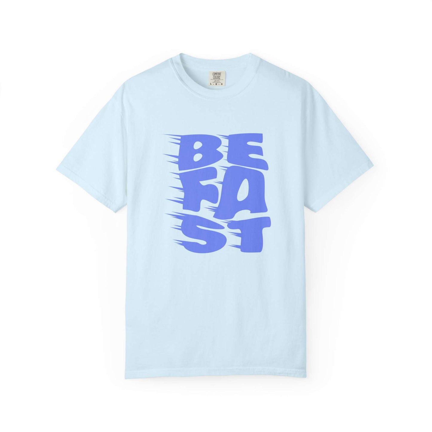 A light blue short-sleeve crewneck t-shirt featuring a bold graphic on the front that reads 'BE FAST' in blue with a motion-blur effect, displayed on a clean white background. Comfortable Bold Be Fast Typography Lettering Graphic T-Shirt Casual Wear