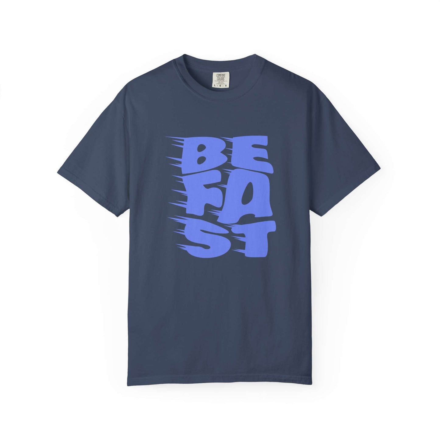 A navy blue short-sleeve t-shirt with a stylized graphic on the front reading 'BE FAST' in light blue, displayed against a solid white background. Comfortable Bold Be Fast Typography Lettering Graphic T-Shirt for Casual Wear
