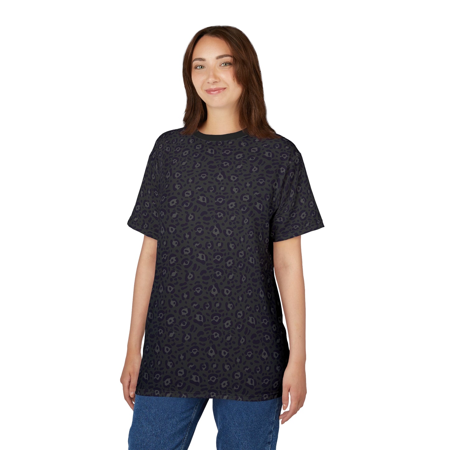 Woman wearing a black t-shirt with colorful geometric pattern on a white background Comfortable Bold Black Leopard Print T-Shirt for Casual Wear