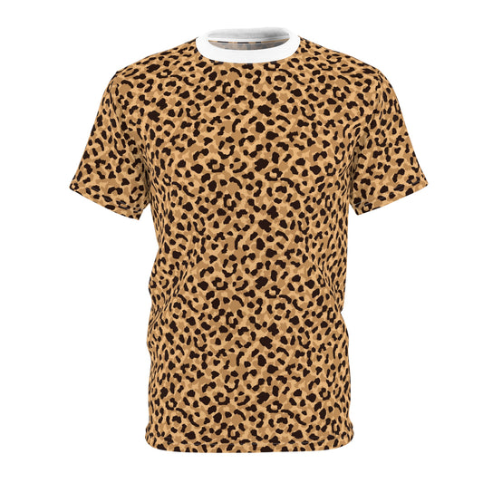 A short-sleeve crewneck t-shirt featuring an all-over leopard print pattern in tan and brown with black spots, shown on a plain white background. 