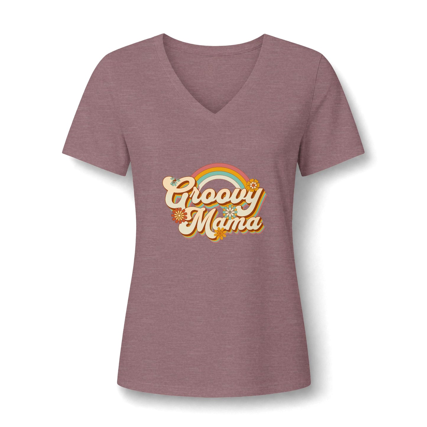 A women's heathered dusty rose V-neck t-shirt featuring a retro-style 'Groovy Mama' graphic with a rainbow and flowers on the chest, displayed against a clean white background.