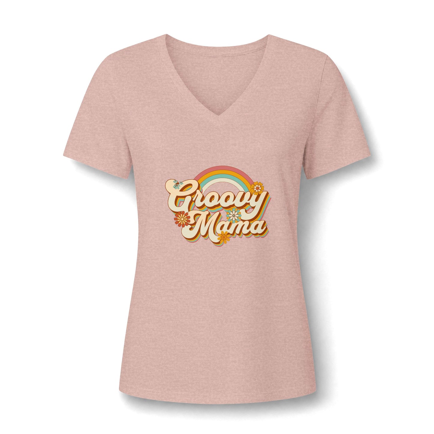 A women's short-sleeve V-neck t-shirt in heathered dusty pink, featuring a retro-style 'Groovy Mama' graphic with a rainbow and gold glitter text on the chest, displayed against a clean white background.