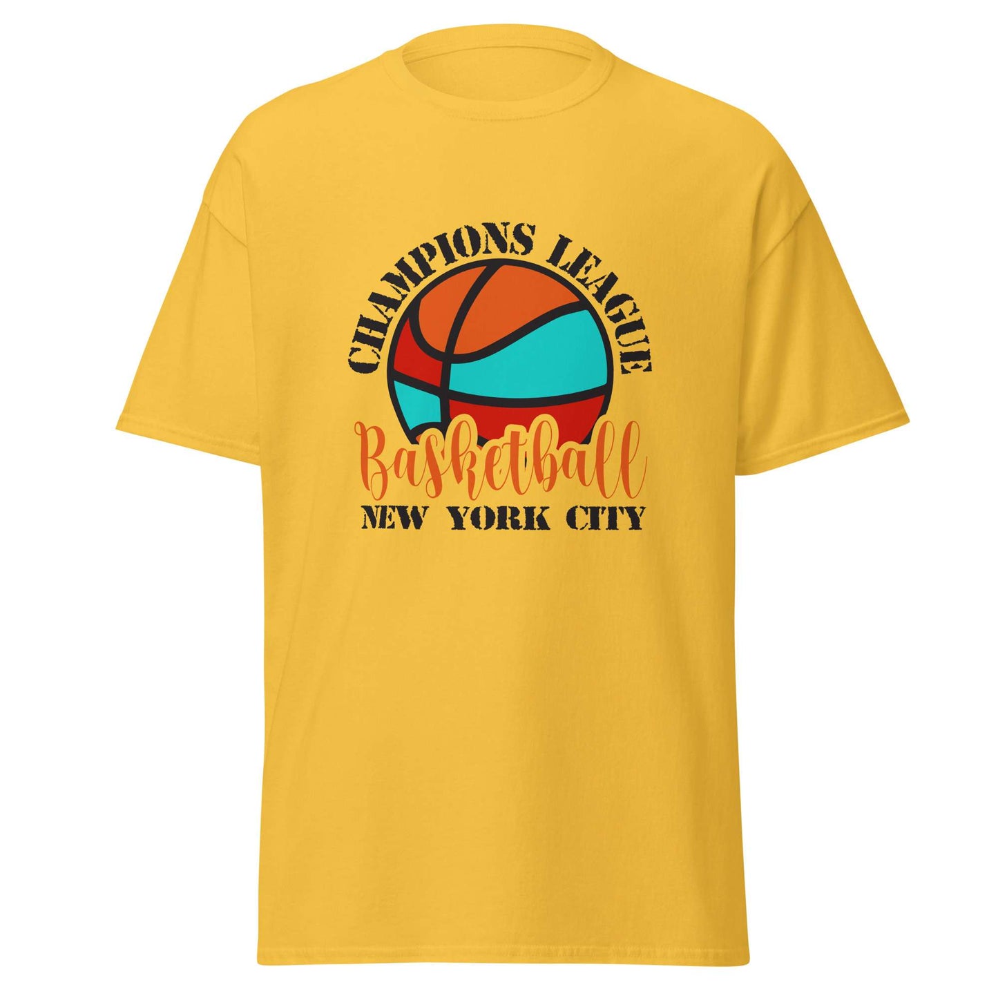 A yellow short-sleeve t-shirt with a graphic on the chest featuring a stylized basketball and the text 'CHAMPIONS LEAGUE Basketball NEW YORK CITY' in orange and black. Comfortable Champions League Basketball New York City T-Shirt for Casual Wear