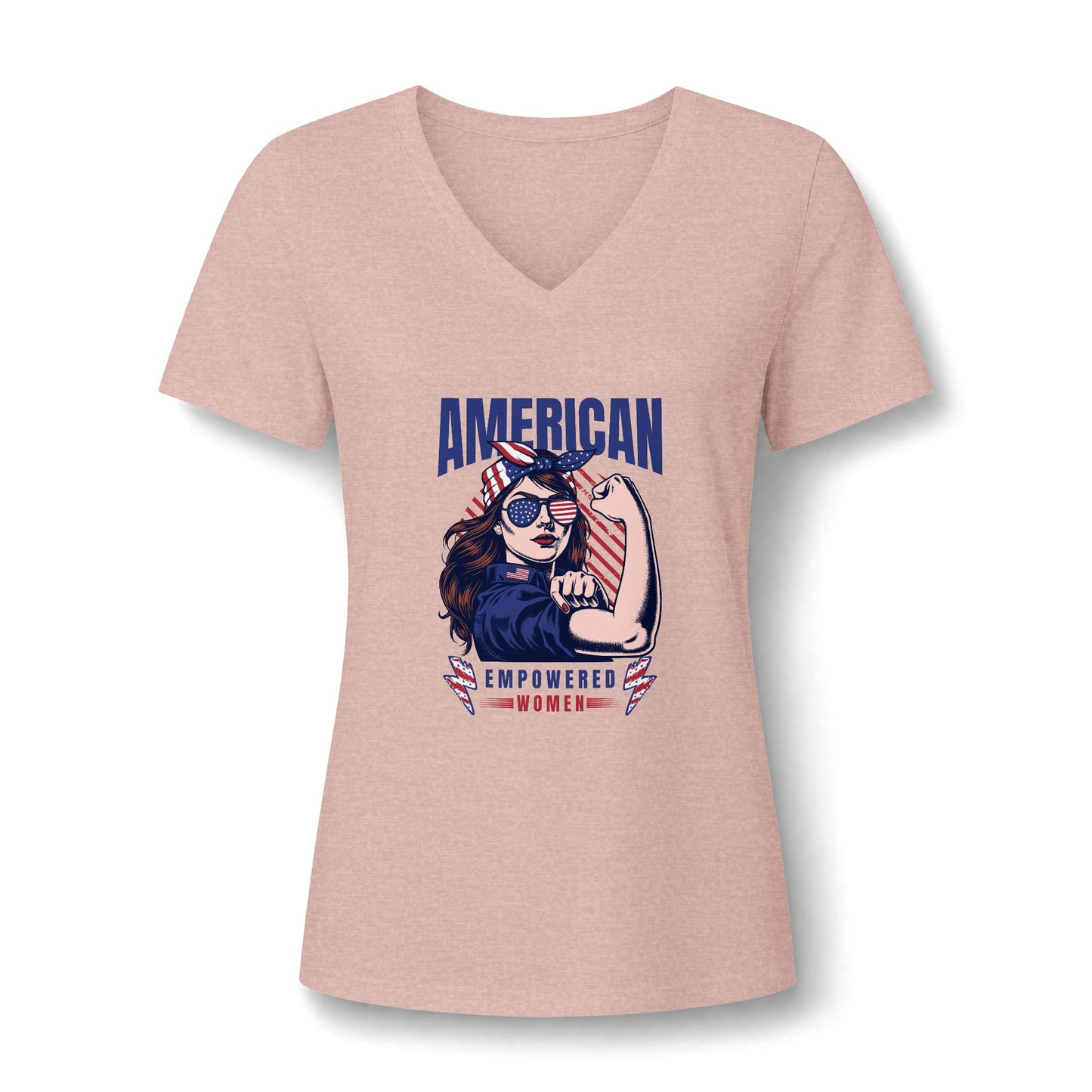 A women's heather pink V-neck t-shirt featuring a 'Rise Up' style graphic of a woman with sunglasses and the text 'AMERICAN EMPOWERED WOMEN' in blue, red, and white.