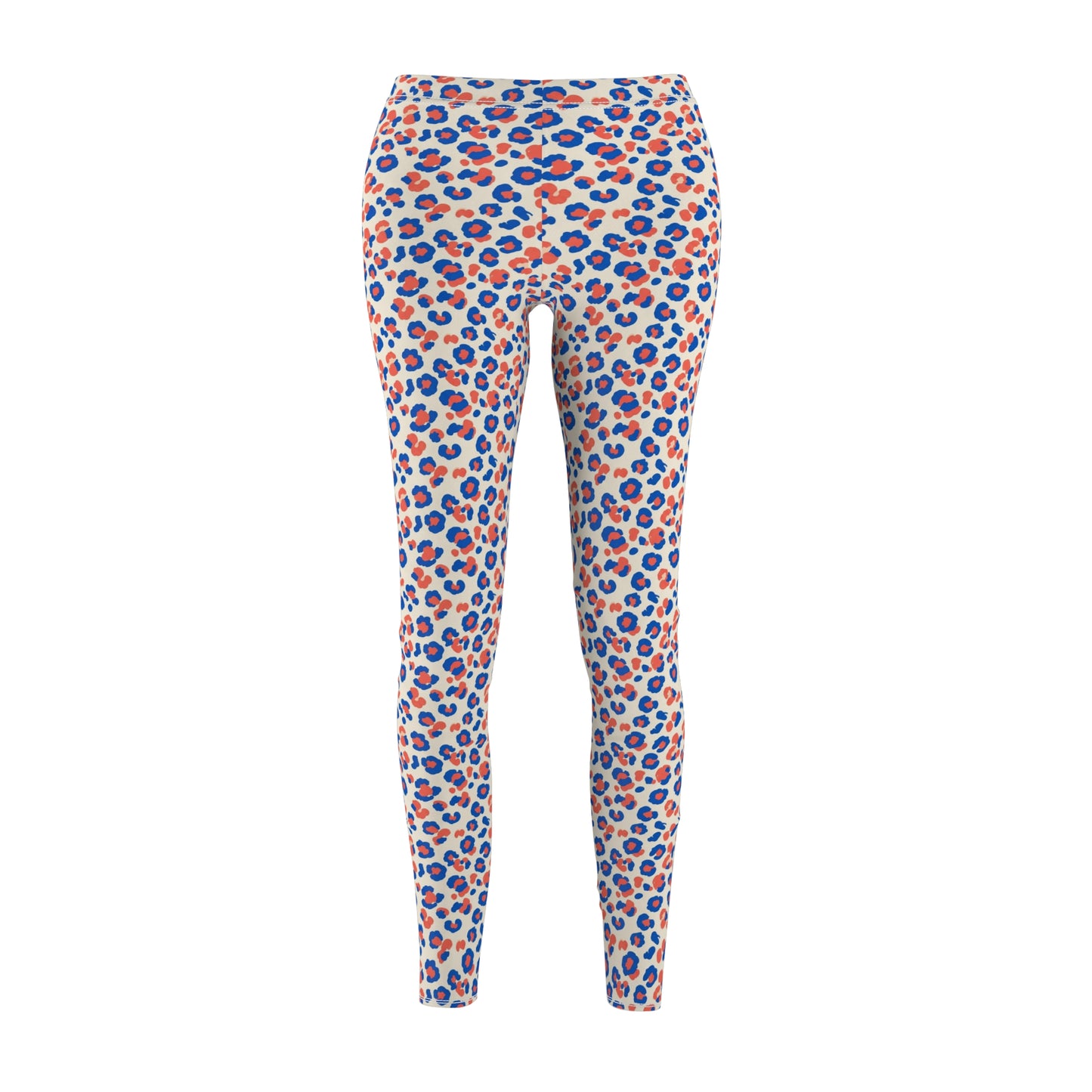 A pair of high-waisted leggings with an all-over abstract leopard-like spot pattern in blue, orange, and cream on a white background. Comfortable Colorful Pastel Leopard Print Leggings Casual Wear